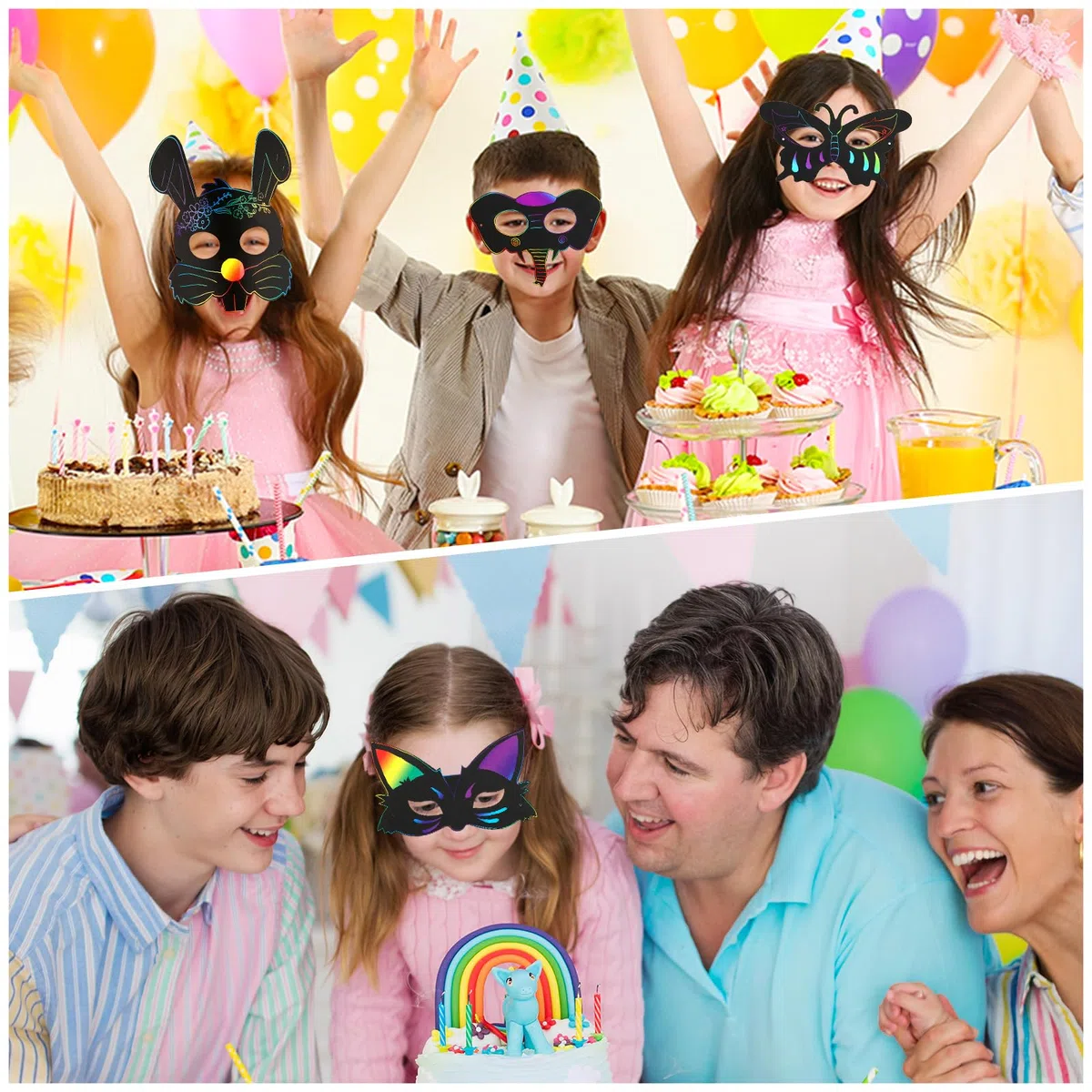 RVLZKCPG 24 Pezzi Scratch Art Maschere per Bambini, Maschera da Grattare per Bambini, Gratta e Vinci per Bambini di Animali con 24 Corde Elastiche e 12 Penne di Legno per Compleanno Festa