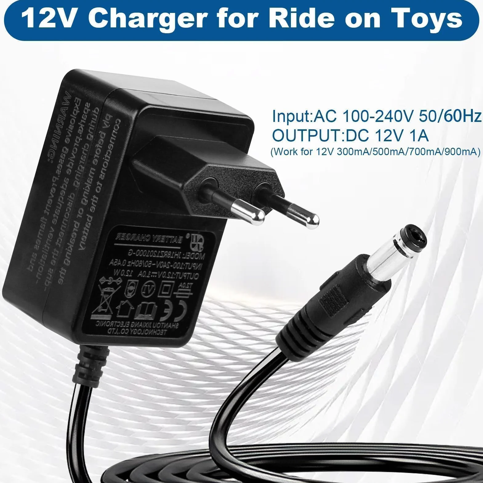 Caricatore da 12 V 1 A per bambini auto elettriche, adattatore di alimentazione con spina europea per veicoli elettrici, moto, SUV, ATV, quad, trattore e altri veicoli da 12 V 1000 mA – nero