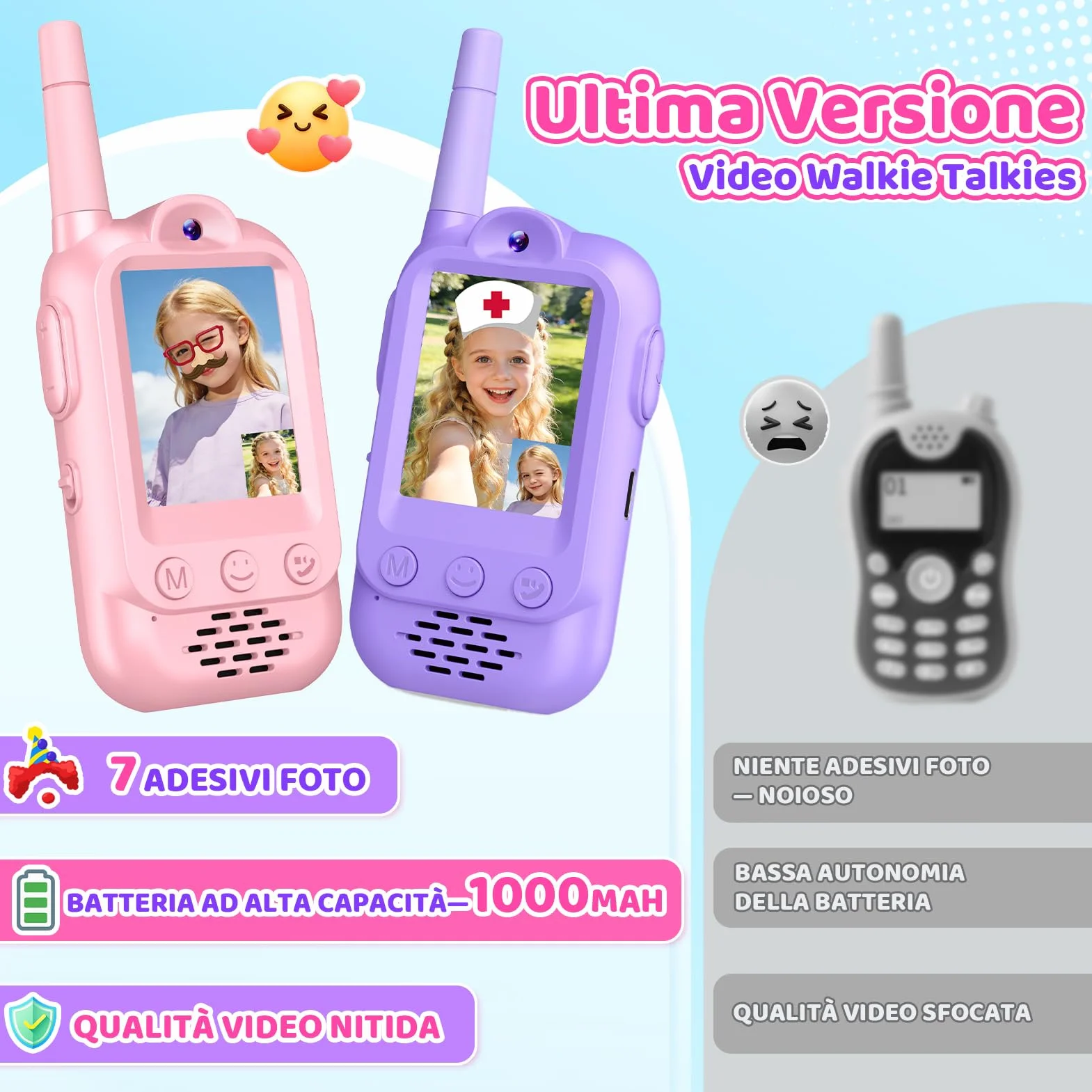 iKidiki Walkie Talkie Bambini Ricaricabili, Regalo Bambina 3 4 5 6 7 8 Anni Walkie-Talkie per Bambini con Video Giocattoli Giochi Bambina 3-8 Anni Femmina Idee Regali di Compleanno per Bimba