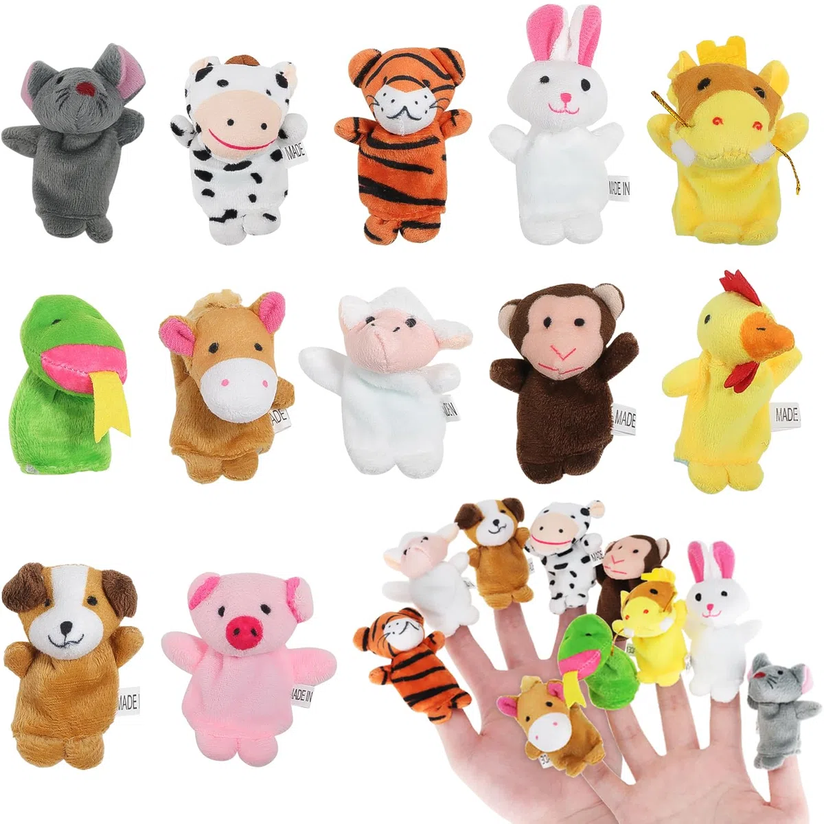Marionette da Dito con Animali, 12 Pezzi, Velluto e Cotone, Per Bambini