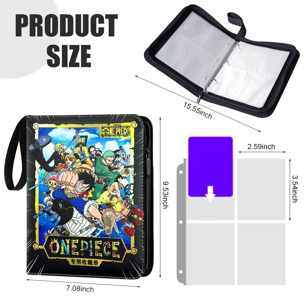 One Piece Album per Giochi Carte Anime 50 Pagine per 400 Carte Libro Porta Cartes con Cerniera Pelle PU Trasparente Impermeabile Cerniera Anime Cards Album Libro Regalo per Bambini A