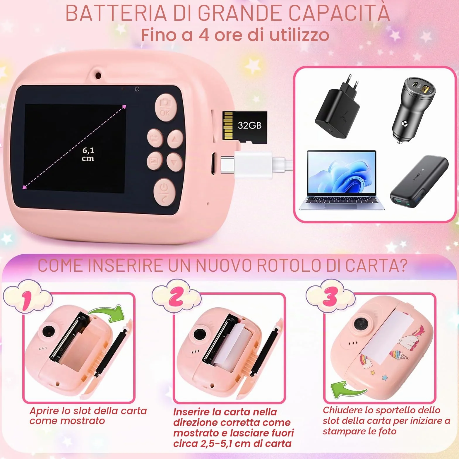 Macchina Fotografica Bambini, 2,4 Pollici Macchina Fotografica Istantanea, 1080P Macchina Fotografica Bambini Istantanea, con 32GB Scheda SD e Carta da Stampa, Regalo per Bambini dai 3-12 Anni