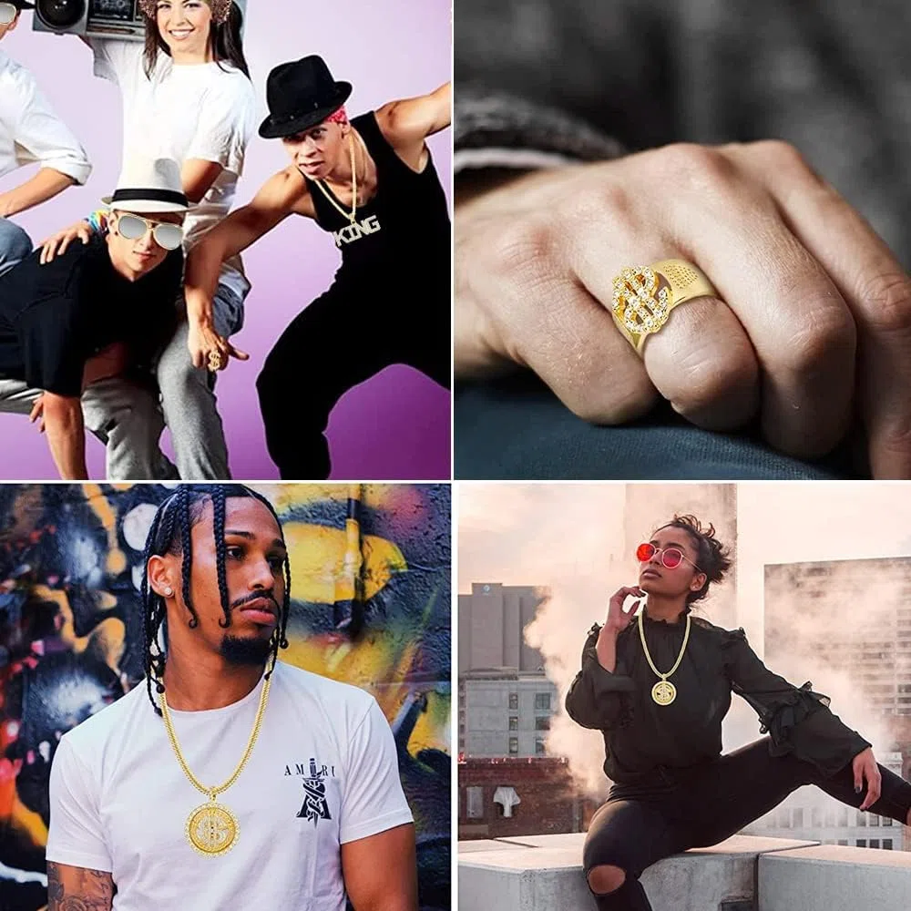Set Accessori Rapper Costume Hip Hop Collana e Anello con Segno del Dollaro Catena d'oro Finta King Sign hip hop per Feste Anni '80 '90 Accessori per Rapper Decorazioni a Tema Mafia
