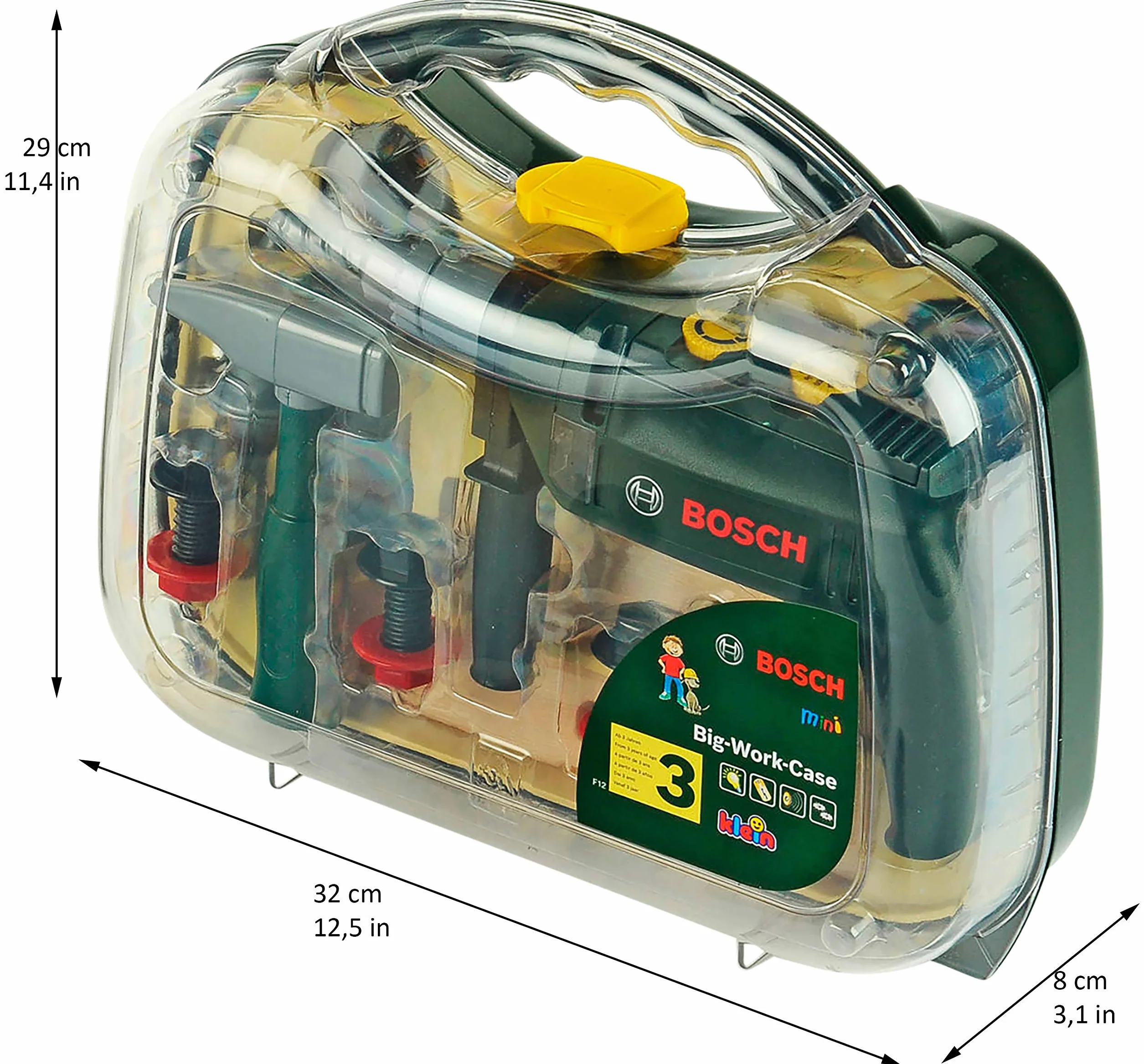 Theo Klein 8416 Valigetta degli Attrezzi Bosch, Grande, 16 Pezzi, con Attrezzi e trapano a Batterie con Luce e Suono, Giocattoli per Bambini dai 3 Anni in su