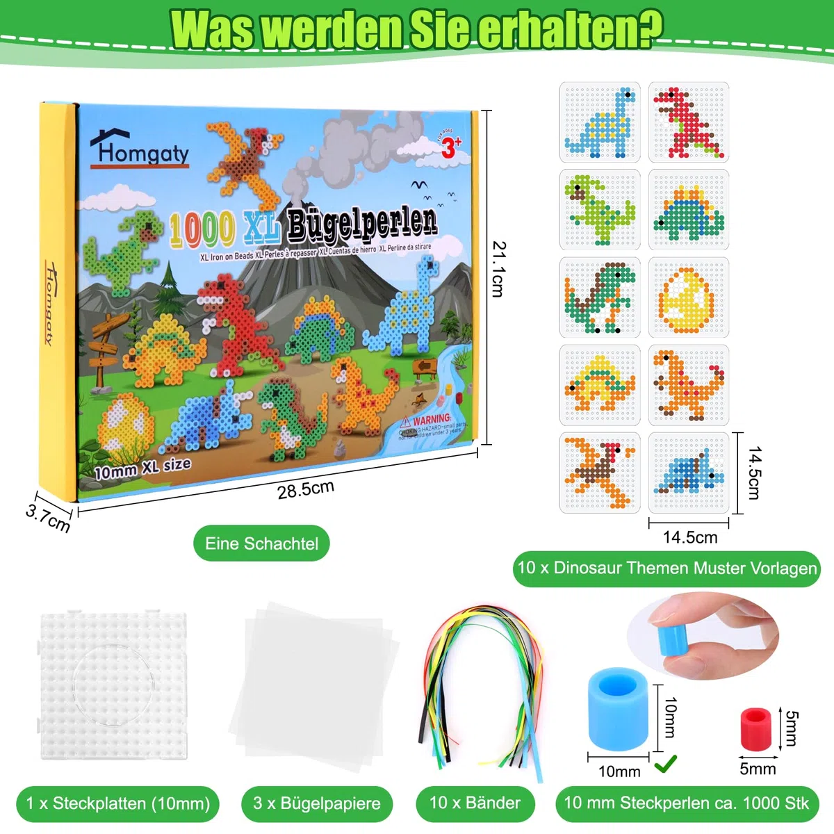 Homgaty Perline da Stirare 10 mm, Oltre 1000PZ con Piastre e Accessori, Grandi Perle per Bambini, Set Creativo Fai da te con Tanti Modelli, Ideale dai 3 Anni in Su (Dinosauri)