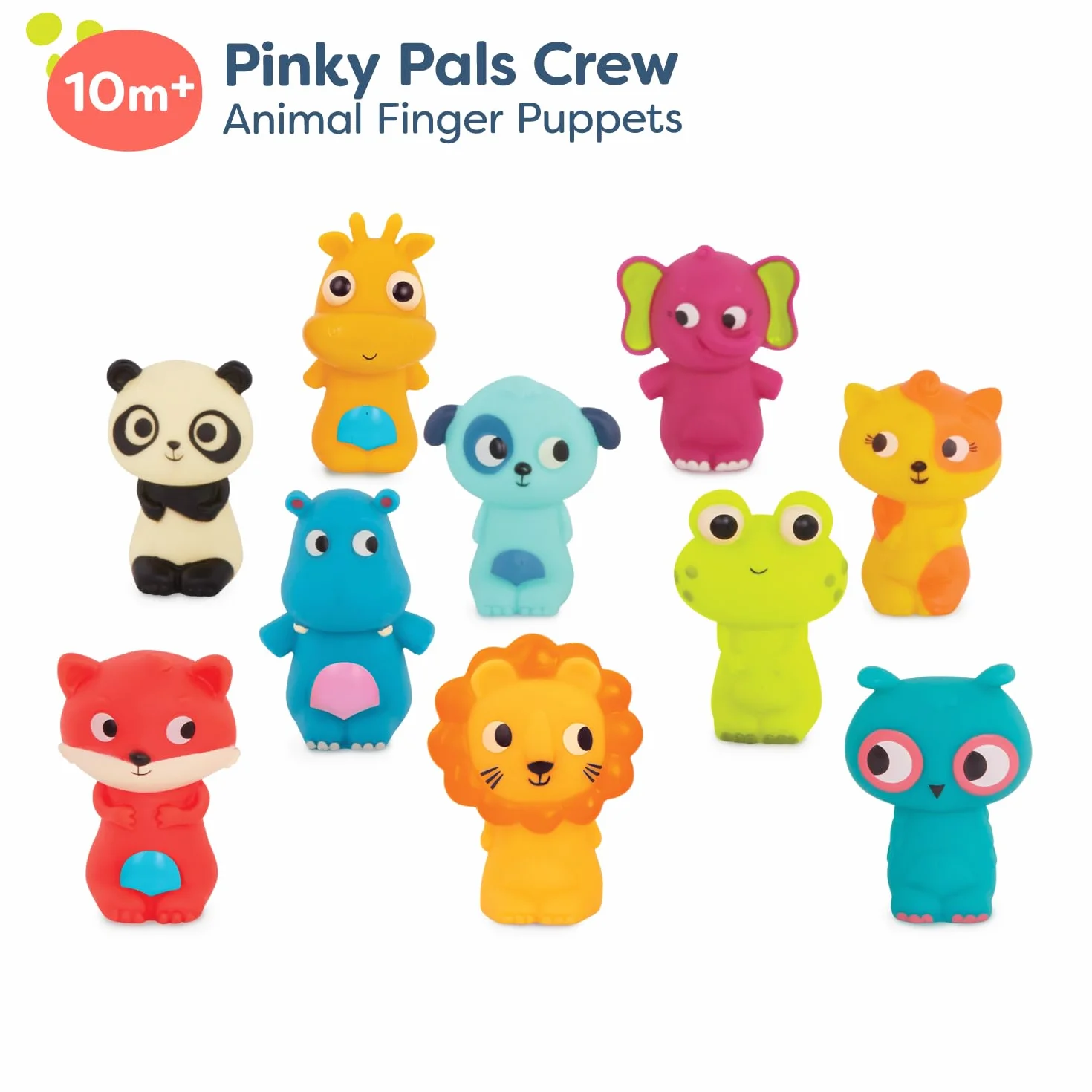 B. toys - Equipaggio di Pinky Pals - 10 marionette da dito - Pupazzi da dito con animali - Volpe, Panda, Ippopotamo, Giraffa, Cane - Leone, Gatto, Rana, Elefante, Gufo - 10 mesi +
