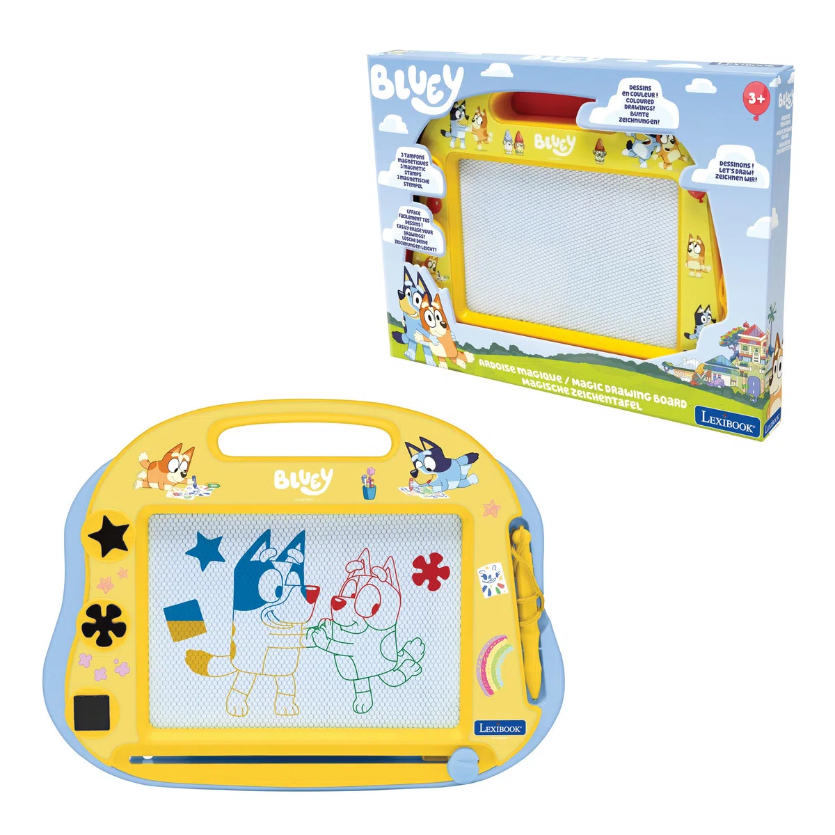 Lexibook, Bluey, Lavagna da Disegno Magnetica Multicolore, Giocattolo Artistico per Bambini con Stilo e timbri, Giallo/Blu, CRBY550LXB