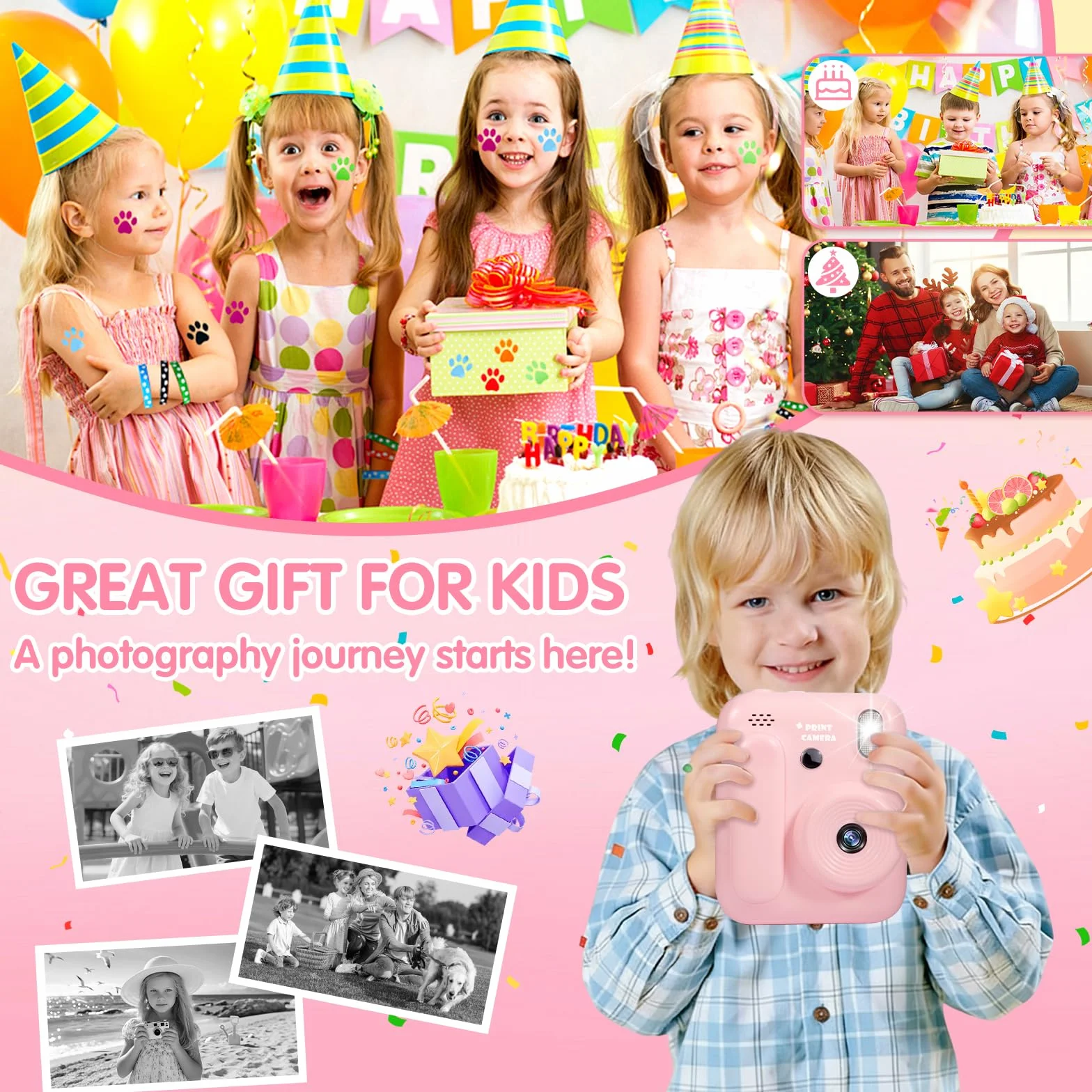 Macchina Fotografica Bambini Istantanea,2,4" Fotocamera Istantanea,1080P HD Fotocamera Digitale con 32 GB Scheda,6 Rotoli di Carta da Stampa e Penne Colorate,Regalo per Ragazze Ragazzi da 3-12