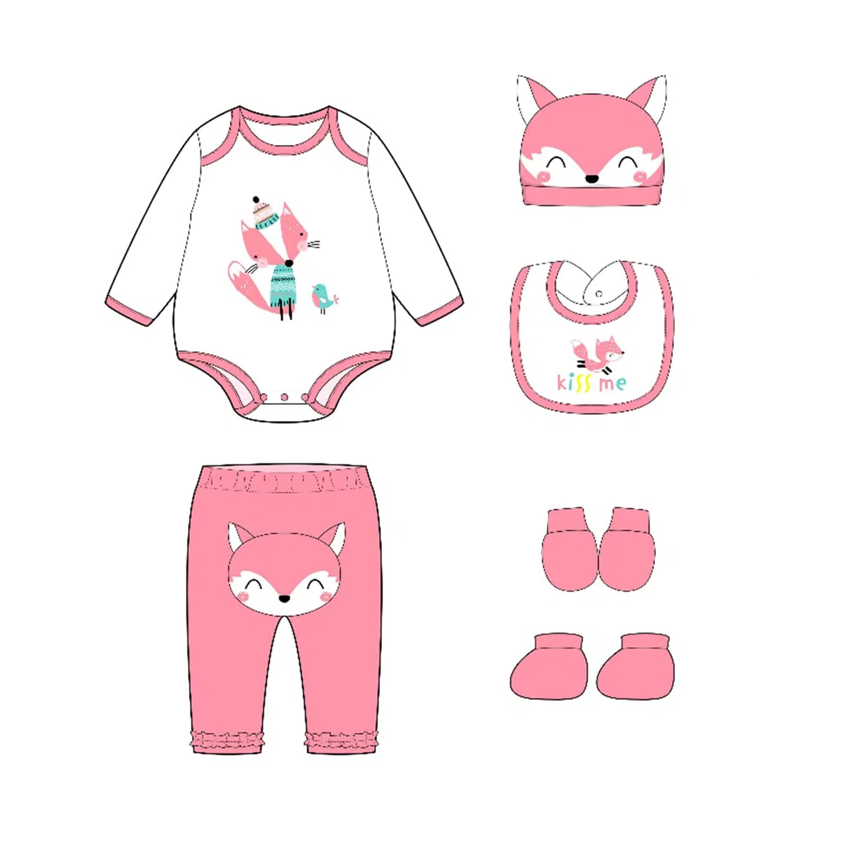 Set di vestiti per bambole, motivo: volpe, rosa, cotone, per bambole da 48 a 55 cm, 7 pezzi, per bambole dai 3 anni in su