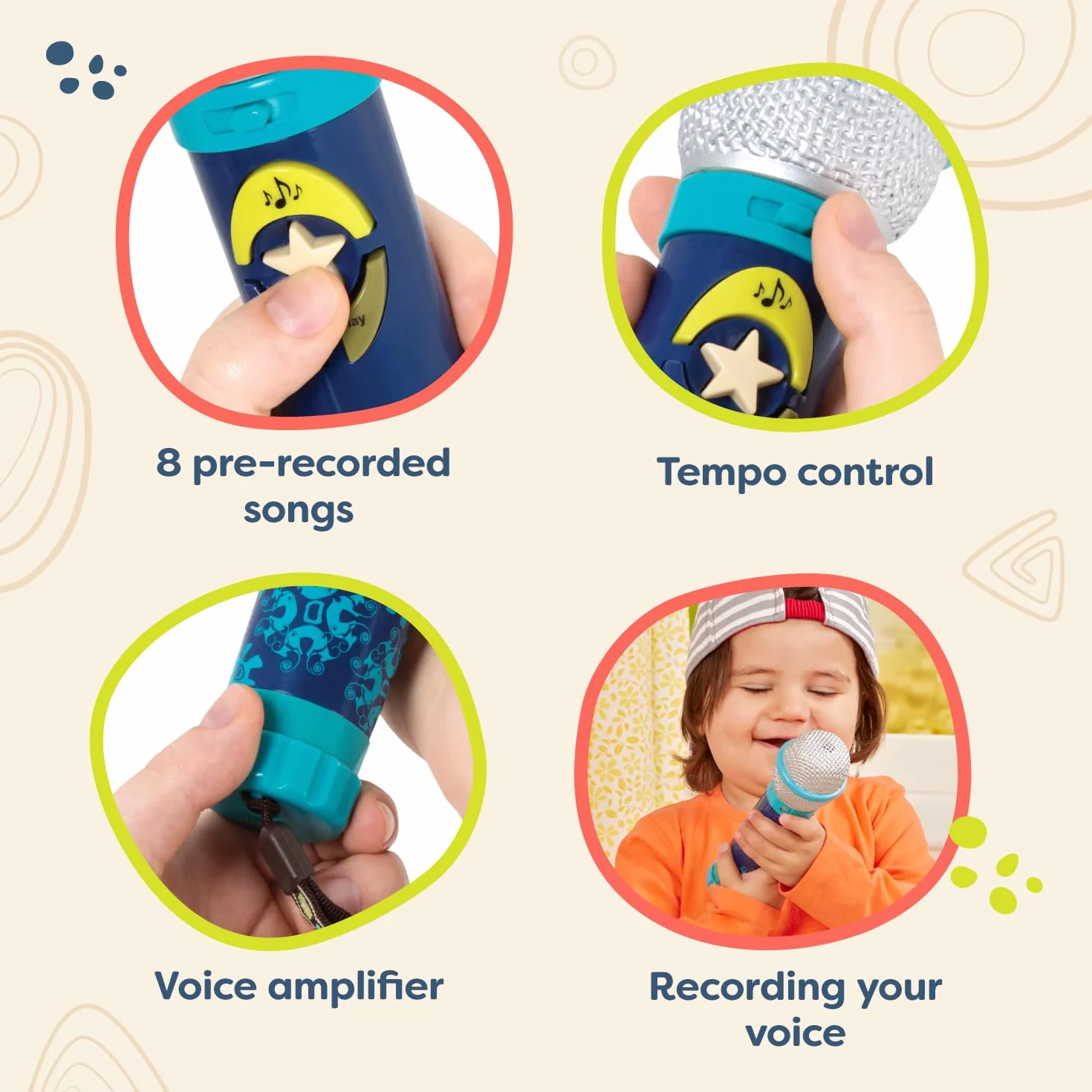 B. toys - Okideoke - Microfono per Bambini - Microfono Karaoke Giocattolo - 8 brani preregistrati - Controllo del Volume e del Tempo - 18 Mesi +