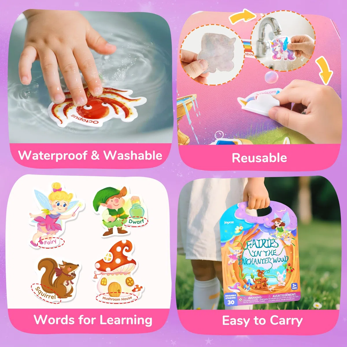 JoyCat 3 Libro Adesivi Attacca e Stacca Bambini: Unicorno, Fate, Sirena, 90 Stickers Bambini 3 4 5 6 Anni, Libri Attività con Adesivi Riutilizzabili, Giocattoli da Viaggio, Regalo Educativo Compleanno