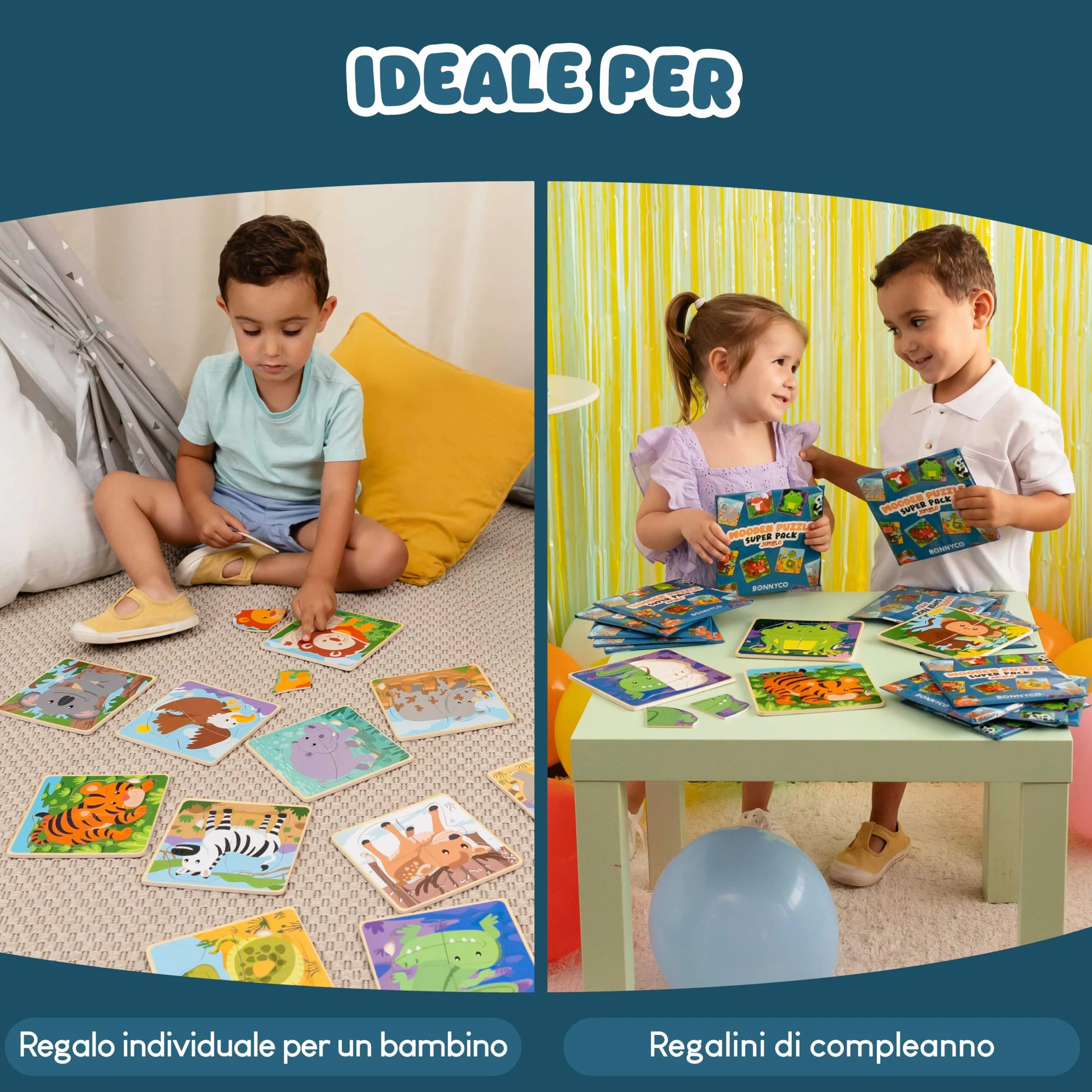 BONNYCO Puzzle in Legno 16 Pezzi per Bambini 1-5 Anni Gadget Compleanno