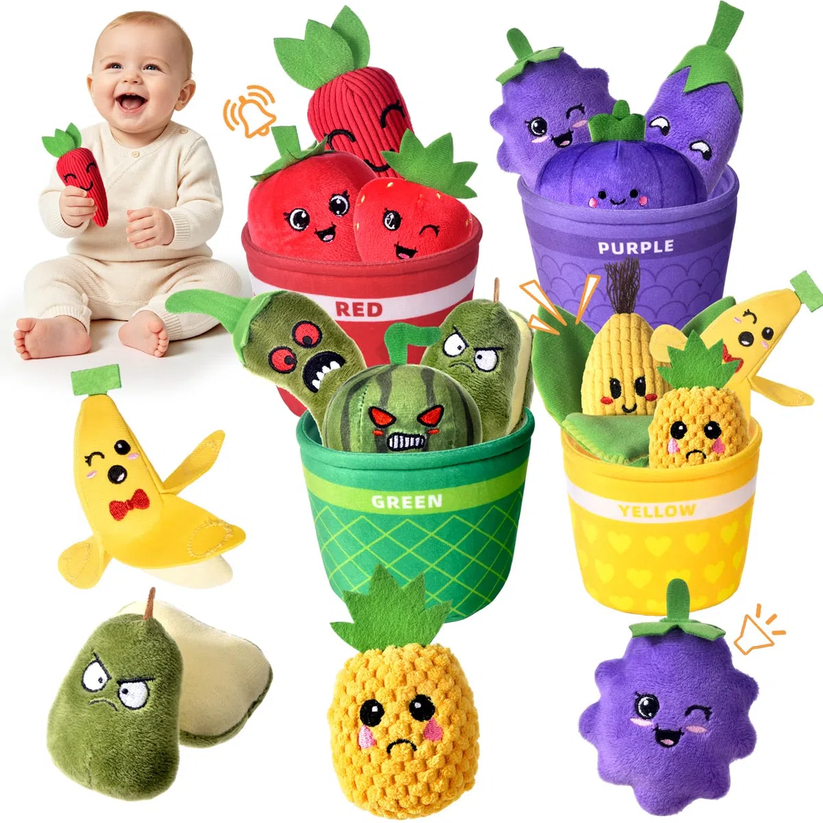 Giochi Montessori 6-12 Mesi – 16 PCS Frutta Verdura Peluche con Sonaglio e Cestino, Sensoriale Cognizione Colore Educativo per Bambini 1 2 3 Anni, Regalo Bimbo Bimba 6 9 12 18 Mesi