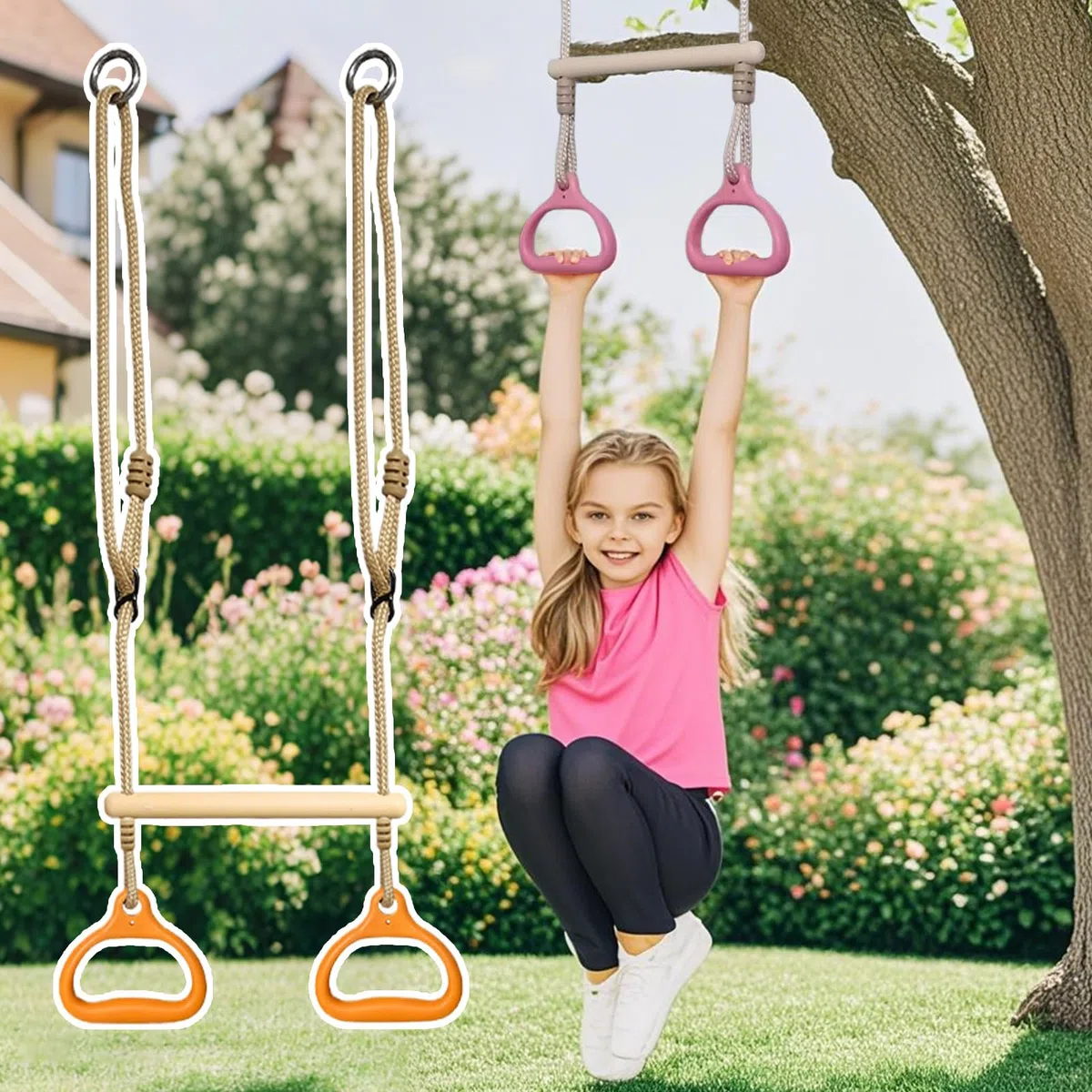 Trapeze Swing | 57.09 pollici di anelli di attrezzatura da palestra | Anelli appesi all'esercizio con cinturini | Gioco sensoriale stabile regolabile portatile per bambini adulti cortile da gioco este