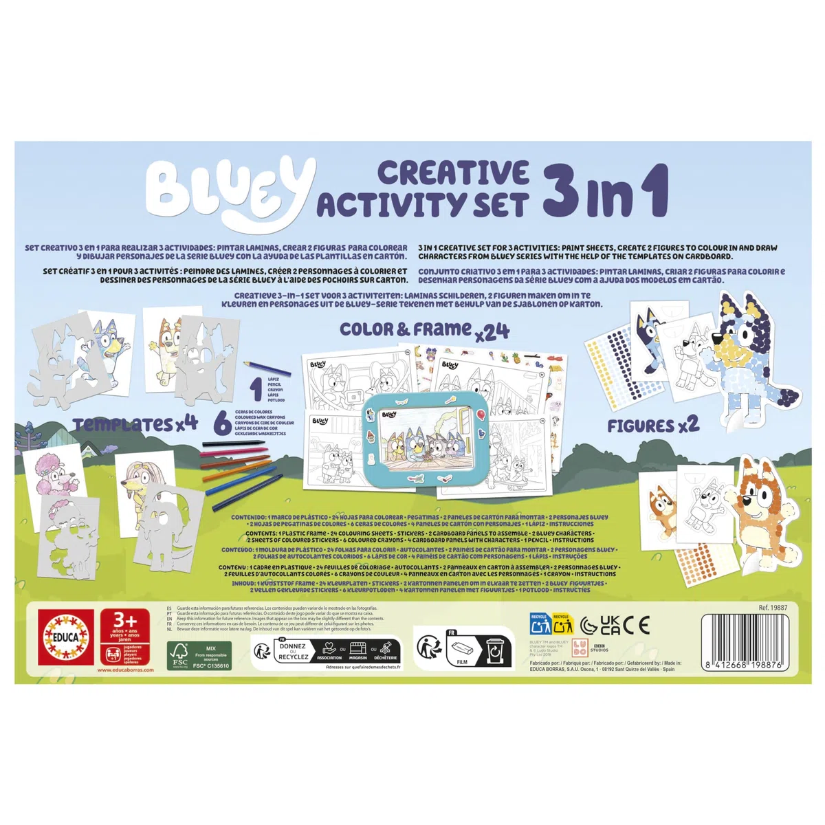 Educa - Set creativo Bluey 3 in 1 con tre attività: dipingere con i numeri, creare 2 figure 3D da decorare e disegnare i personaggi della serie Bluey con gli stencil. Da 3 anni in su (19887)