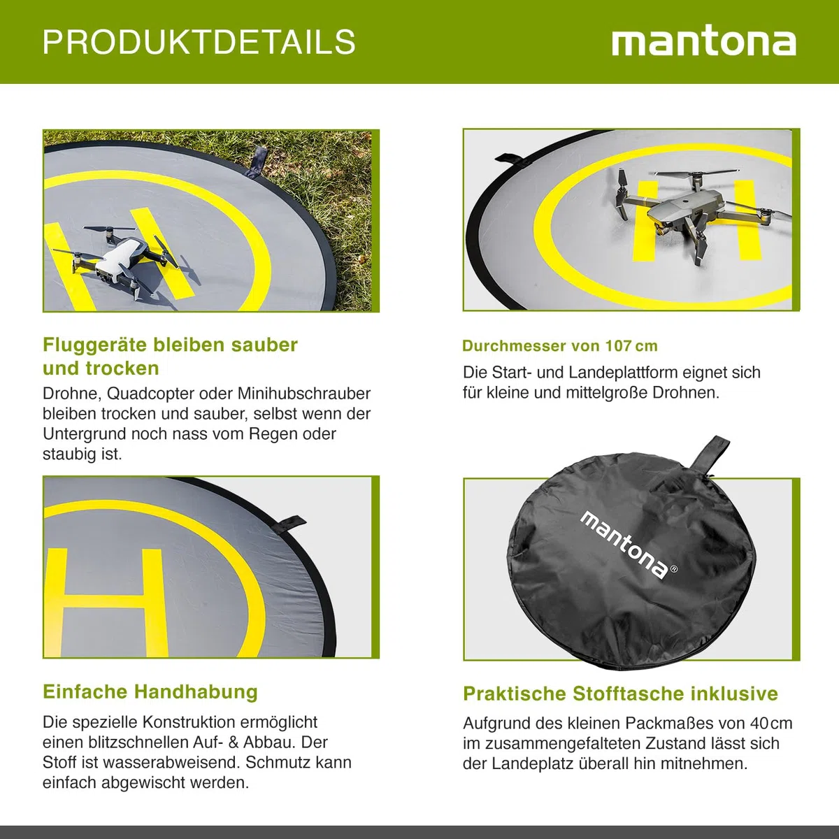 Mantona Drohnen-Landeplatz (faltbar, wasserdicht und langlebig, Durchmesser: 107cm, inklusive Schutztasche, für z.B. DJI SPARK, DJI Phantom, DJI Mavic Pro, Mavic Air, Yuneec)