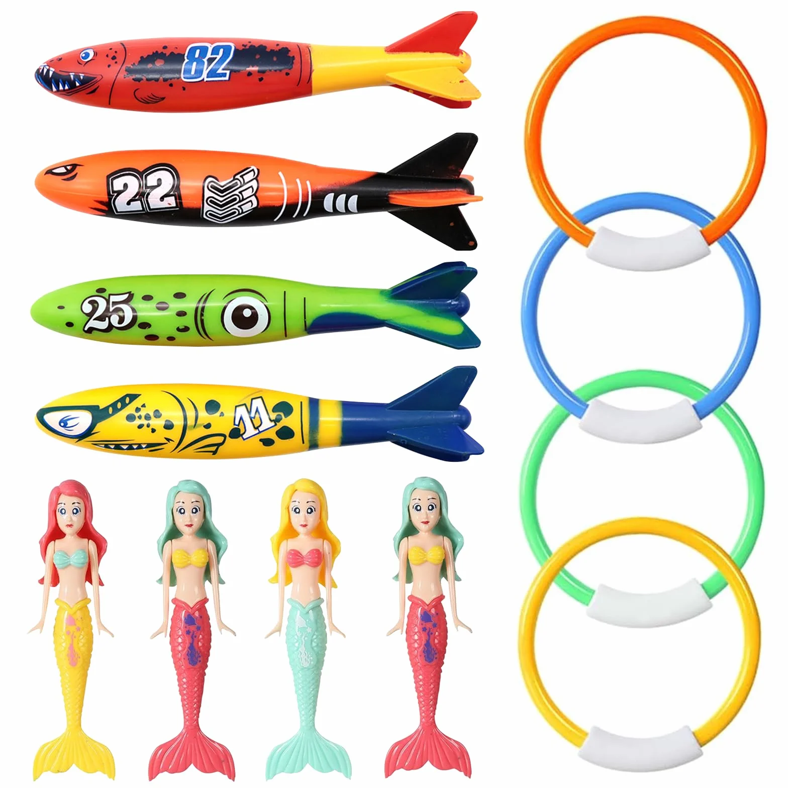 Set di giocattoli per immersioni subacquee, 12 pezzi, anelli per immersioni per bambini dai 4 ai 12 anni, siluri colorati e set di sirene subacquee, regalo per festa di piscina estiva per