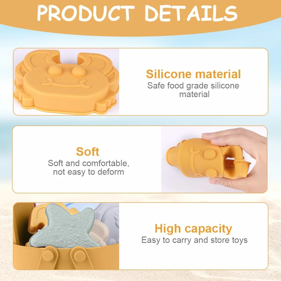 HOTUT Giocattoli da Spiaggia per Bambini, 8 Pezzi Morbido Silicone Giochi Spiaggia Bambini, Giocattolo da Spiaggia con Secchiello e Pala, Set di Giocattoli per la Sabbia per Bambini Ragazzi Ragazze