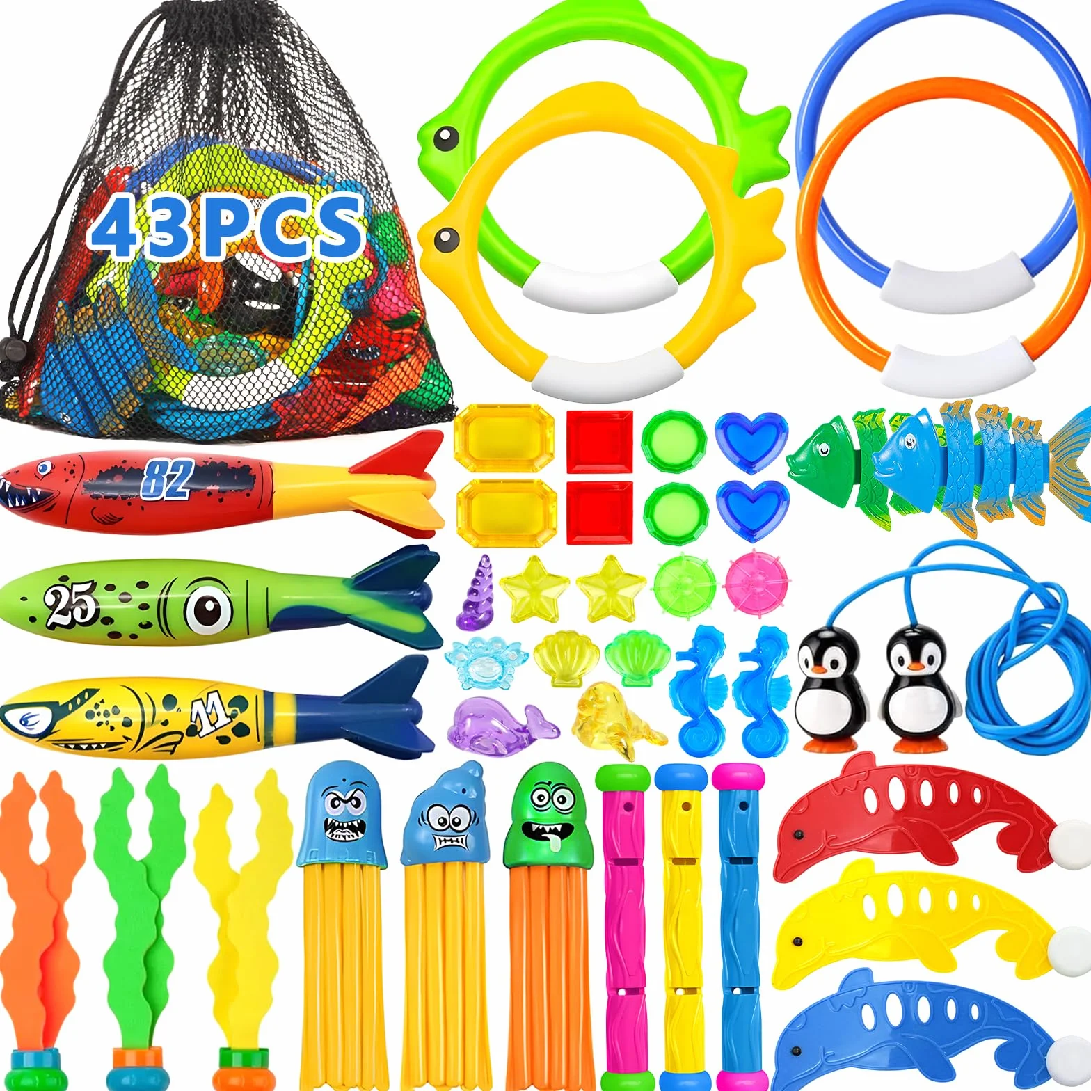Frasheng Piscina Subacquea Immersioni Giocattolo,43 Pezzi Giochi Piscina Bambini,Giocattoli da Immersione,Set da Immersione Subacquea Giochi da Allenamento in Piscina per Bambini