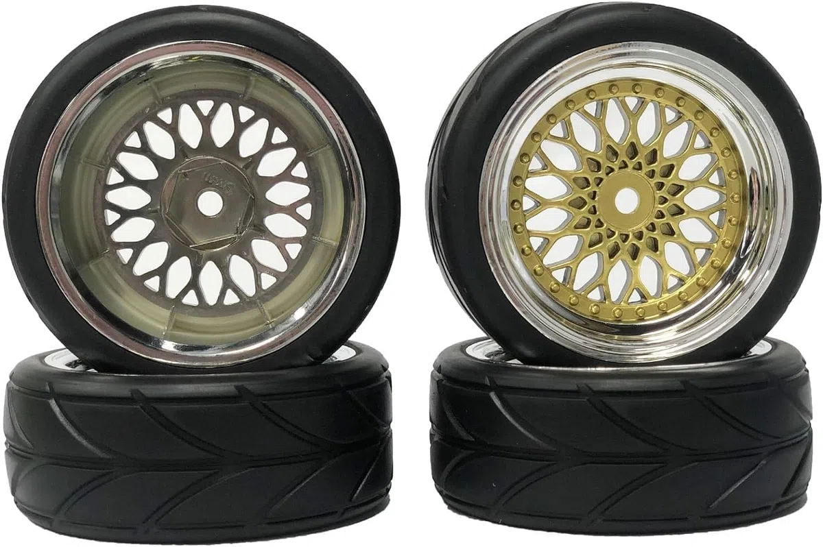 Set di pneumatici e ruote per auto RC, KINGCOO 4 pezzi pneumatici in gomma da 64mm con ruote rivestite in plastica esagonali da 12mm per 1/10 RC On-Road Run-Flating Touring Racing Auto (Oro Argento)