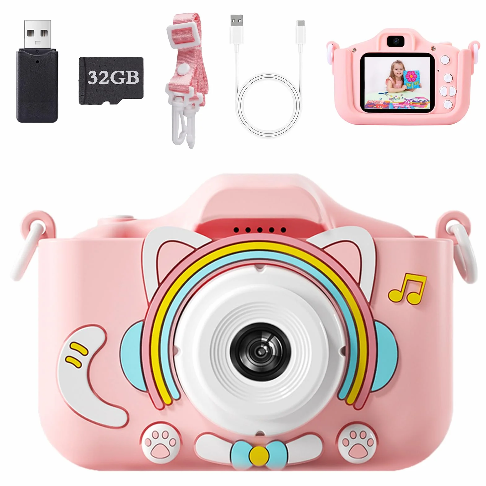 Fotocamera Digitale Bambini 1080P IPS 2.0" 44 Cornici 5 Giochi Educativi Gattino