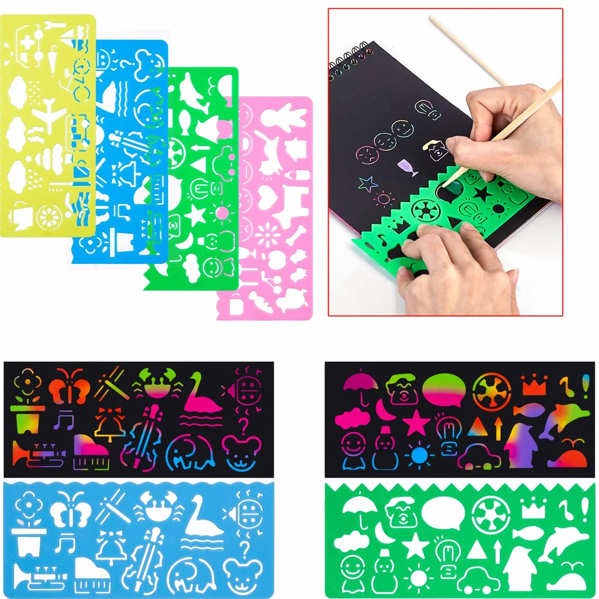 Scratch Art Notes per Bambini, Set di 3 Blocco da Disegno Arcobaleno Scratch Paper con 6 Penne Stilografiche In Legno e 4 Righelli Da Disegno per Disegni, Giochi e Scrittura