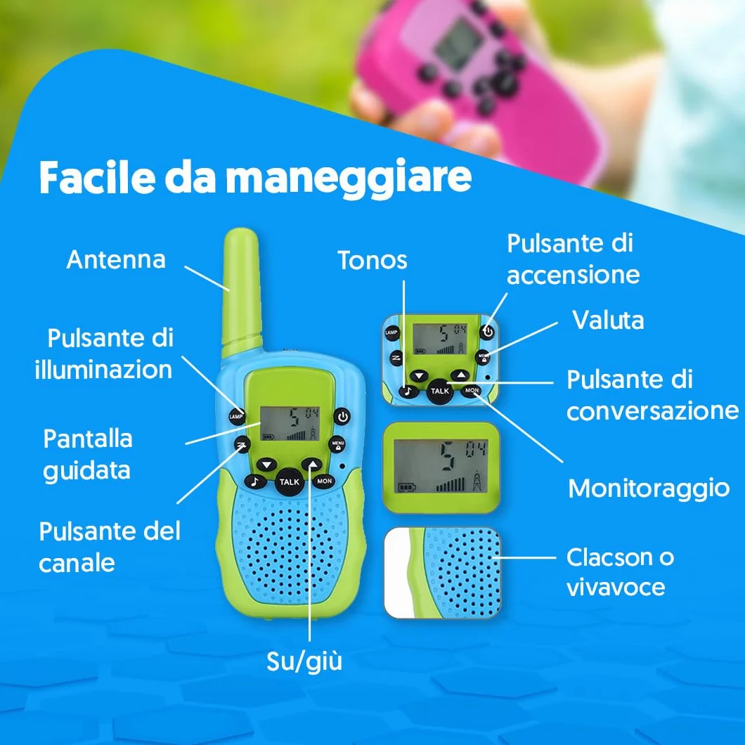 NK Set di 3 Walkie-Talkie per Bambini di 4 5 6 7 8 9 Anni (Batterie Incluse) - Lunga Distanza 3km, Display LED, 22 Canali, Giocattolo per Bambini con Torcia, Regalo di Natale Compleanno (3 unità)
