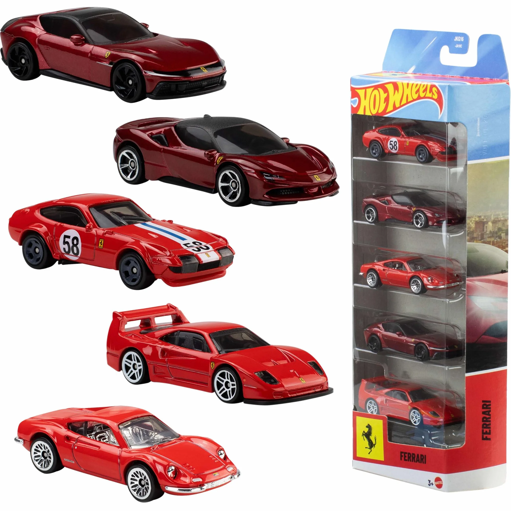 Hot Wheels - Veicoli Ferrari, set da collezione con 5 auto Ferrari con licenza ufficiale, macchinine in scala 1:64 con dettagli premium per il gioco o l'esposizione, 3+ anni, JLN12