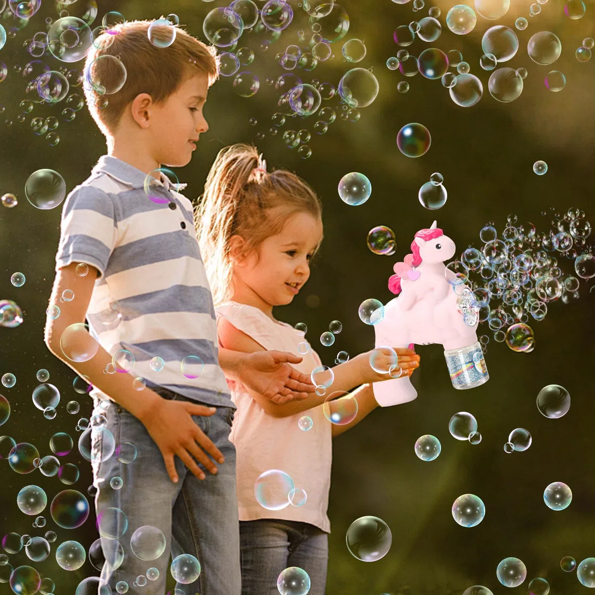 Pistola a Bolle Di Sapone Di Unicorno per Bambini - Spara Oltre 10.000 Bolle Al Minuto - Con Soluzione Da 90 Ml per Regali Di Compleanno e Feste