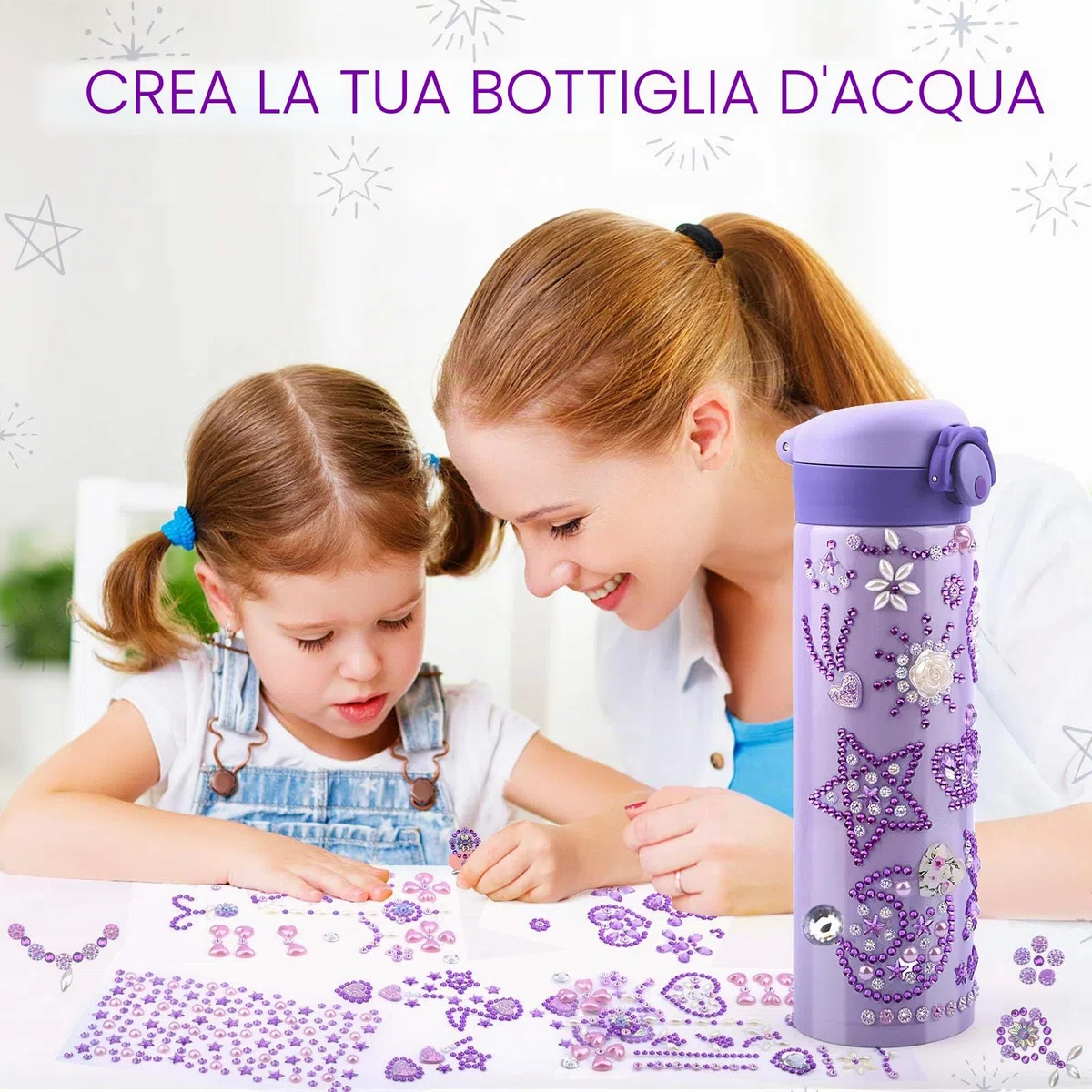 Regalo Bambina 5 6 7 8 9 10 11 Anni, Kit Borraccia Fai Da Te con Gemma Adesivi, Regali per Ragazze DIY Bottiglia D'acqua Bambini, Regali di Compleanno Ragazza 4-12 Anni, Bottiglia Termica Scuola