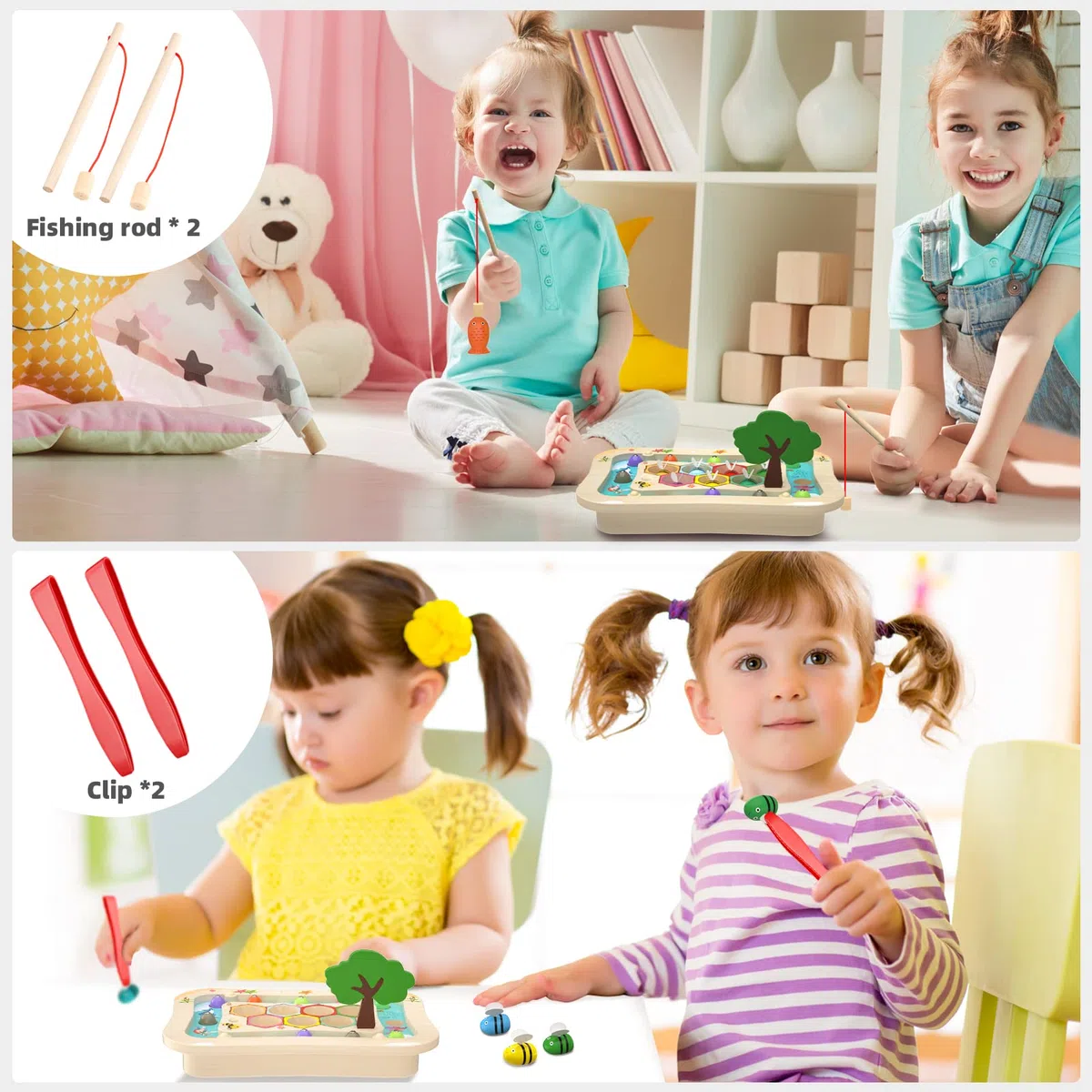 Uping Giochi Montessori Bambini di Pesca Magnetico in Legno, 2 in 1 Puzzle Educativo con 2 Canne da Pesca e Pinzetta per 3-5 Anni