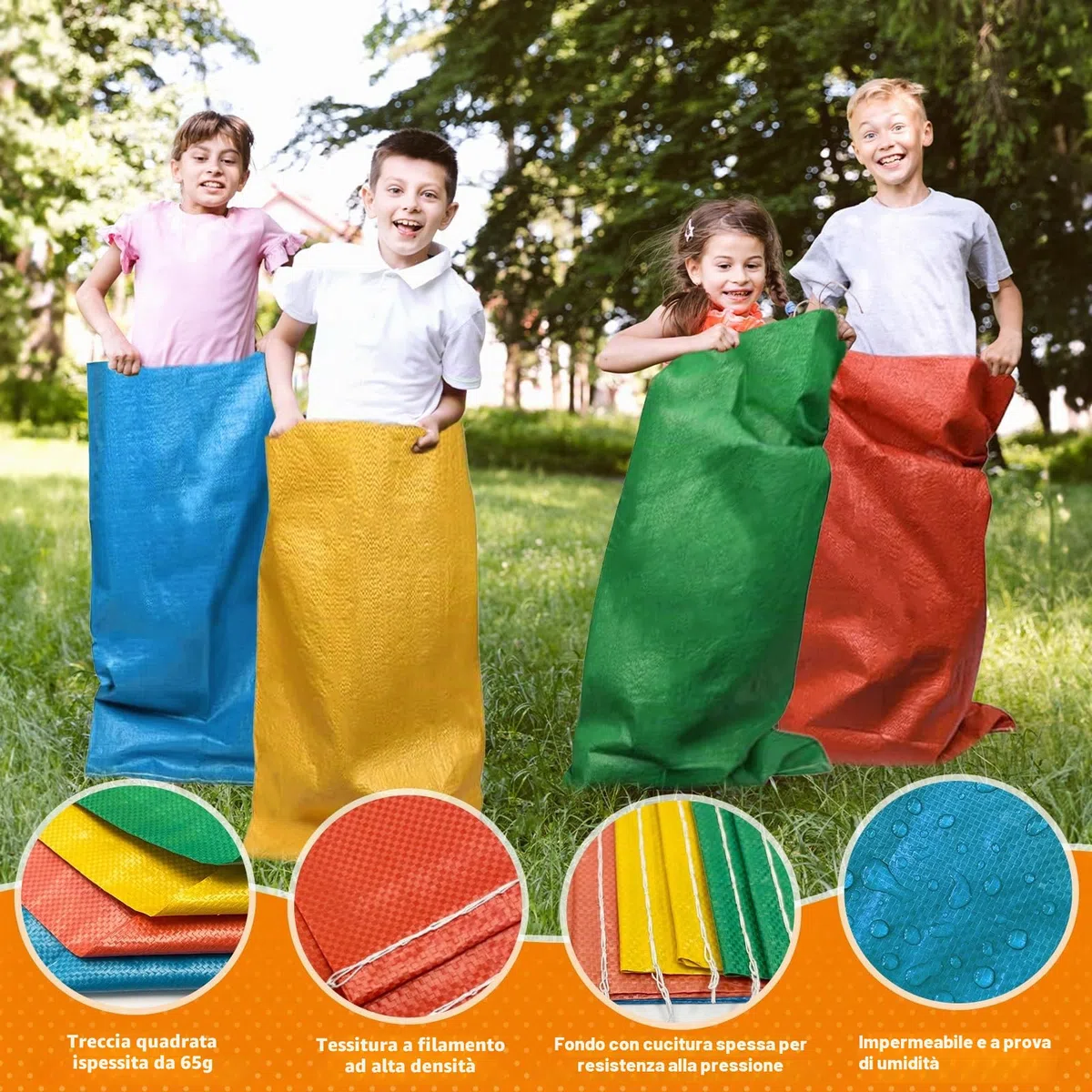 Giochi da Giardino per Bambini, 4 in 1 Giochi All'aperto per bambini, Sacchi di Sabbia, Uova e cucchiai, 3 Giochi di Corse di Gambe, Giochi da Giardino per feste di compleanno