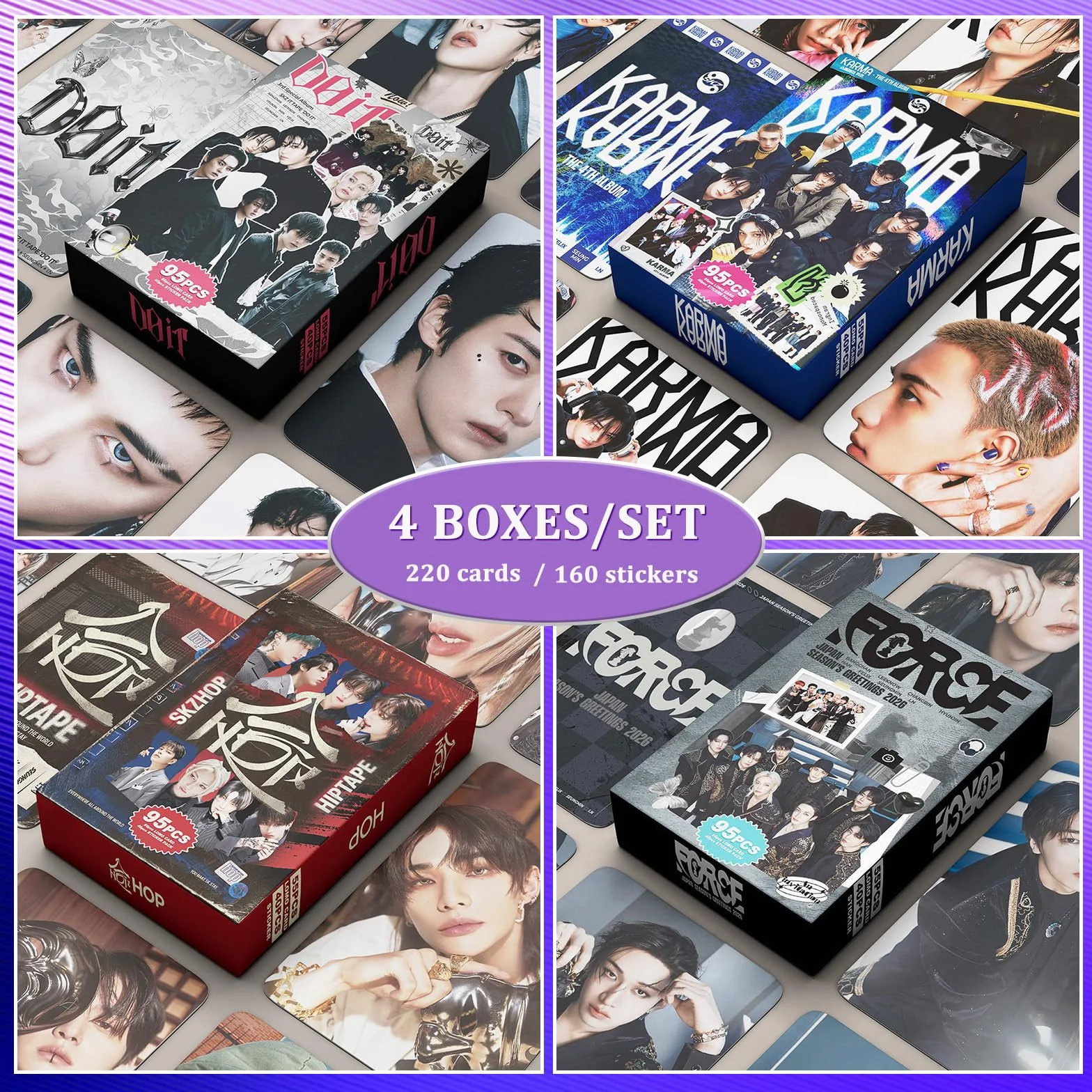 380 Pezzi SK 5 Stelle Album Set di Adesivi per Fotocarte,Carte da Collezione SK K-Pop,SK Lomo Karten,Includere 220 SK Album Fotocard e 160 SK Photo Sticker Set Regalo per Kpop Fans Merchandise