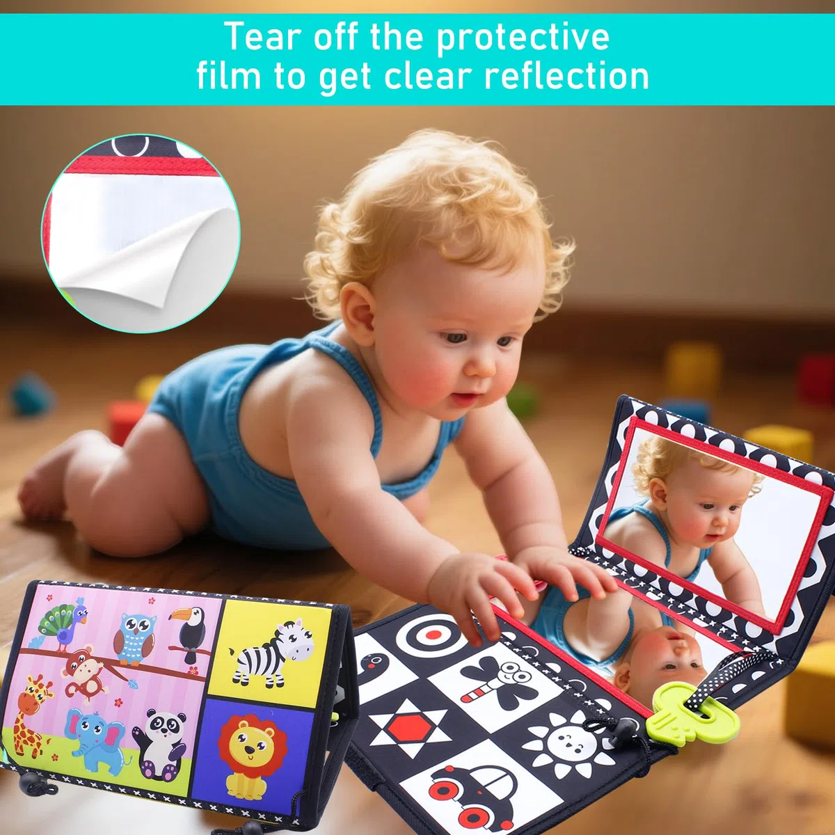 Specchio giocattolo per bambini, supporto addominale pieghevole, giocattolo, giocattoli del tempo per bambini, carta di contrasto, libro di contrasto, libro in tessuto, specchio per bambini