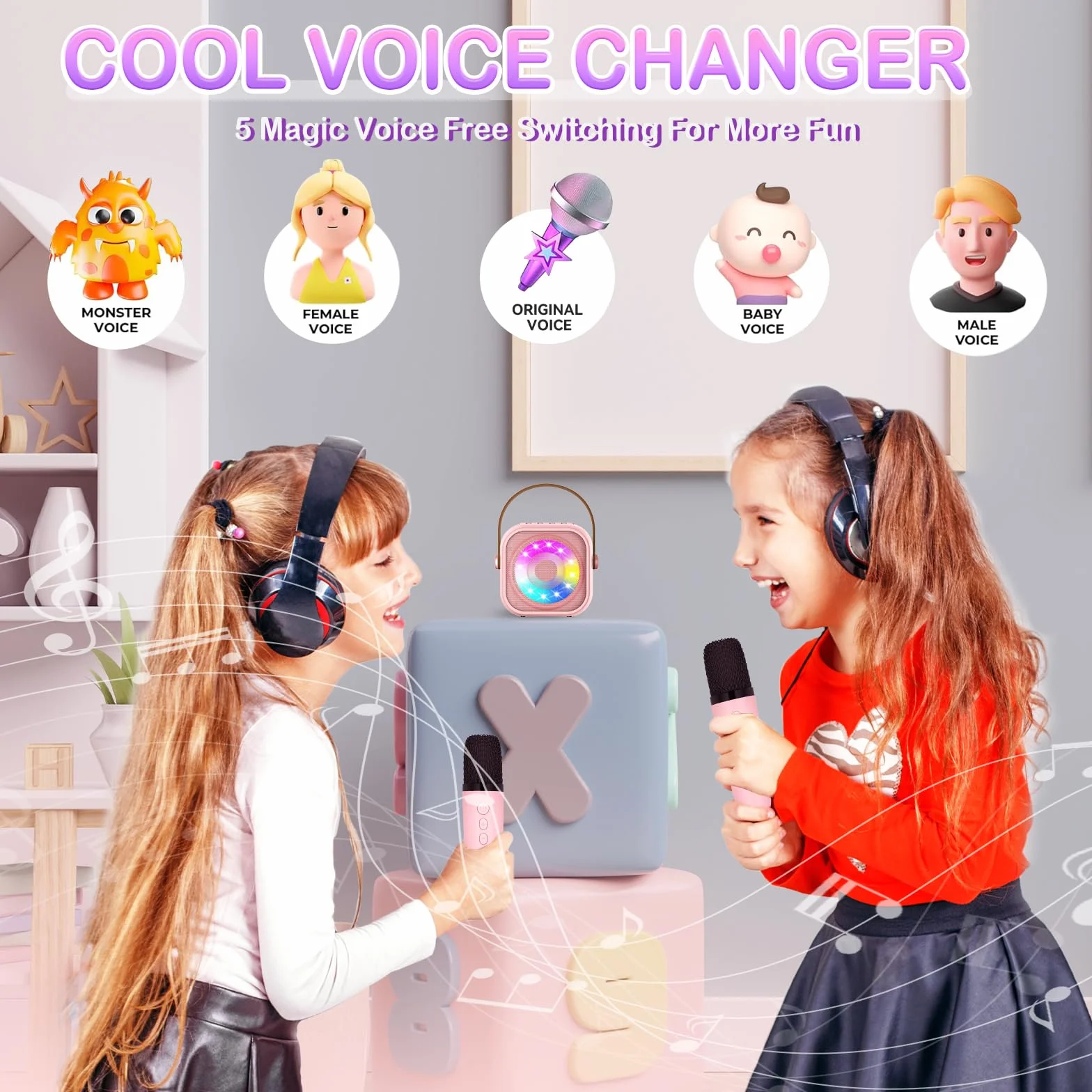 Karaoke per Bambini con 2 Microfoni Wireless, Luce LED, Effetti Cambio Voce, Portatile