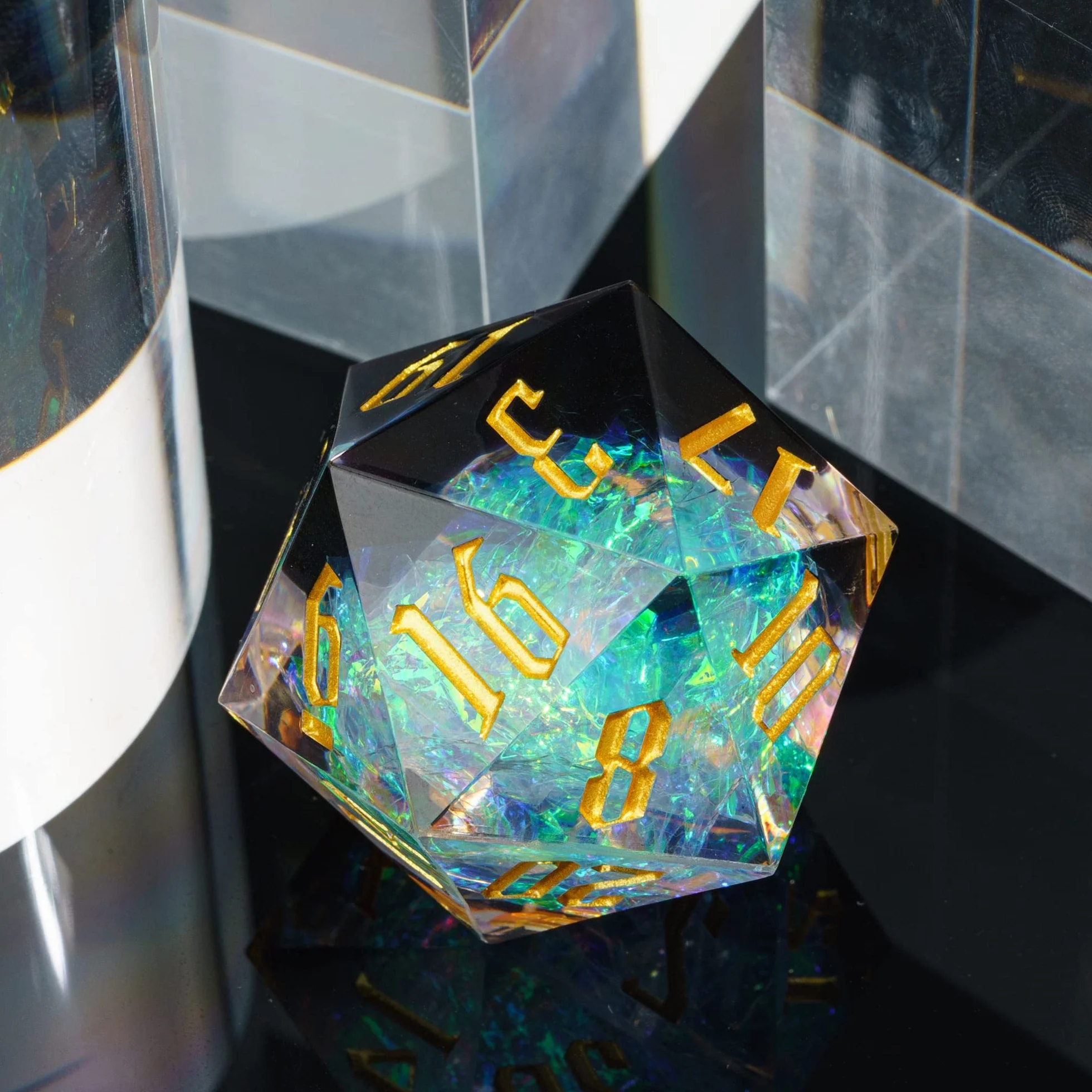 Cusdie Dadi D20 DND da 33 mm, con bordi affilati e inclusioni in lamina glitterata, dadi singoli da 20 lati, per giochi di ruolo come regalo per giochi di ruolo come dungeons e draghi (nero