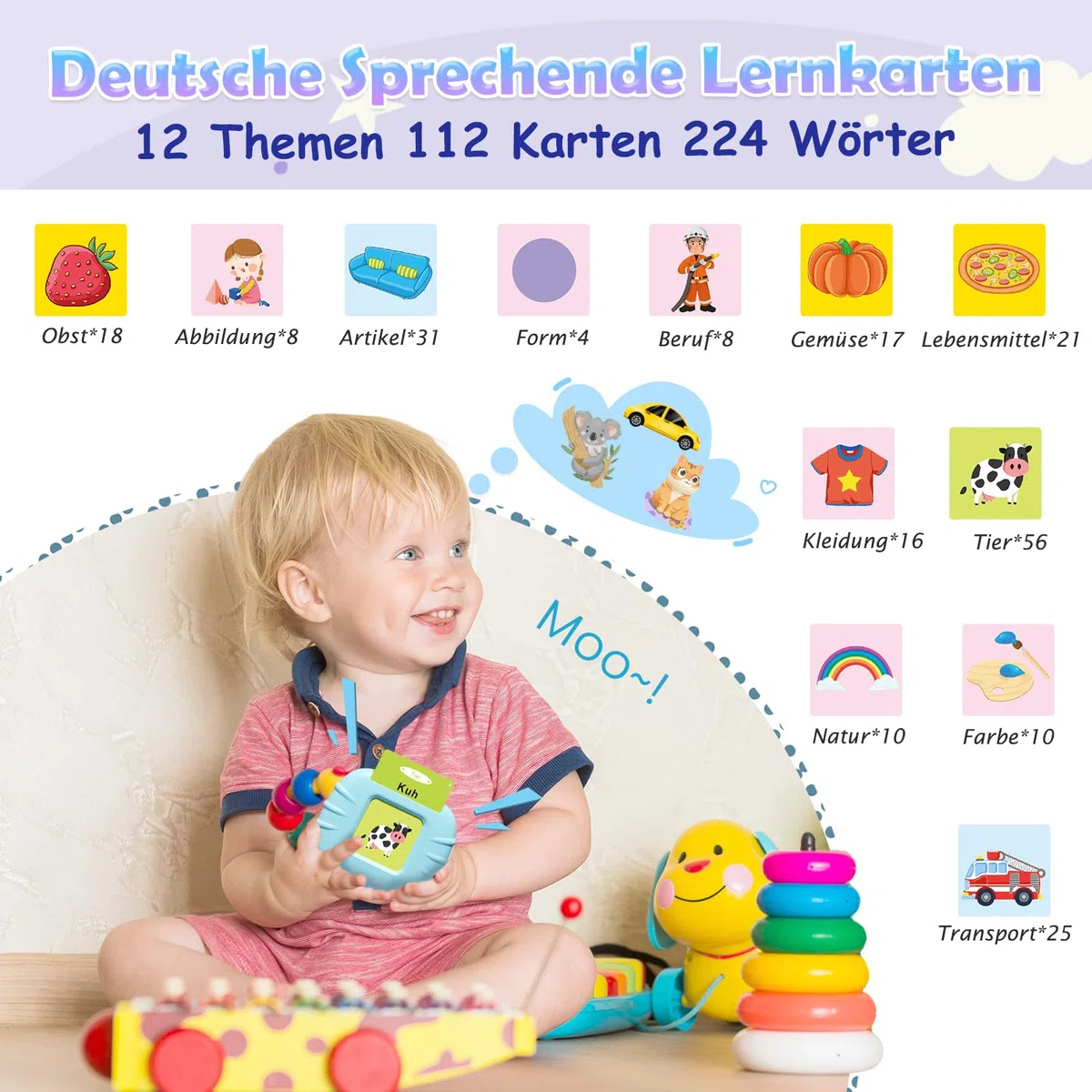 GUYUCOM Giocattoli educativi per bambini a partire da 1 2 3 4 5 6 anni, 112 fogli, 224 parole udibili, regalo prescolare, giocattolo per ragazze e ragazzi (blu)