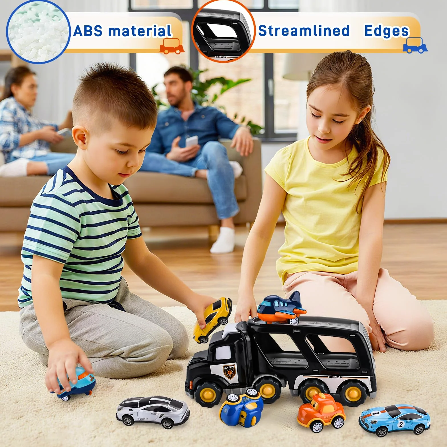 8 in 1 Camion Macchinine Giocattolo Trasportatore con Suoni e Luci per Bambini 1 2 3 4 5 Anni, 7 Mini Cars, Macchina Trucks Regalo per Bambino Ragazze Ragazzi
