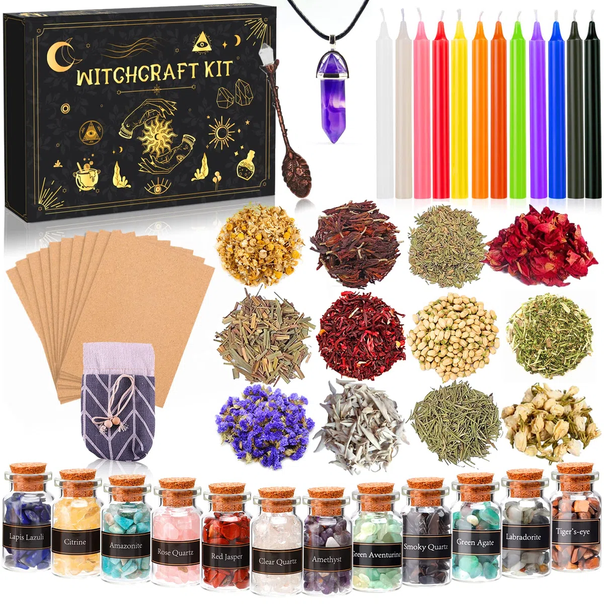MULEVIP Oggetti Kit 52 Pezzi Forniture per Stregoneria, per la Preghiera, Bottiglia dei Desideri di Cristallo, Fiori secchi, Materiali Medicinali, ,Incantesimi, Magia