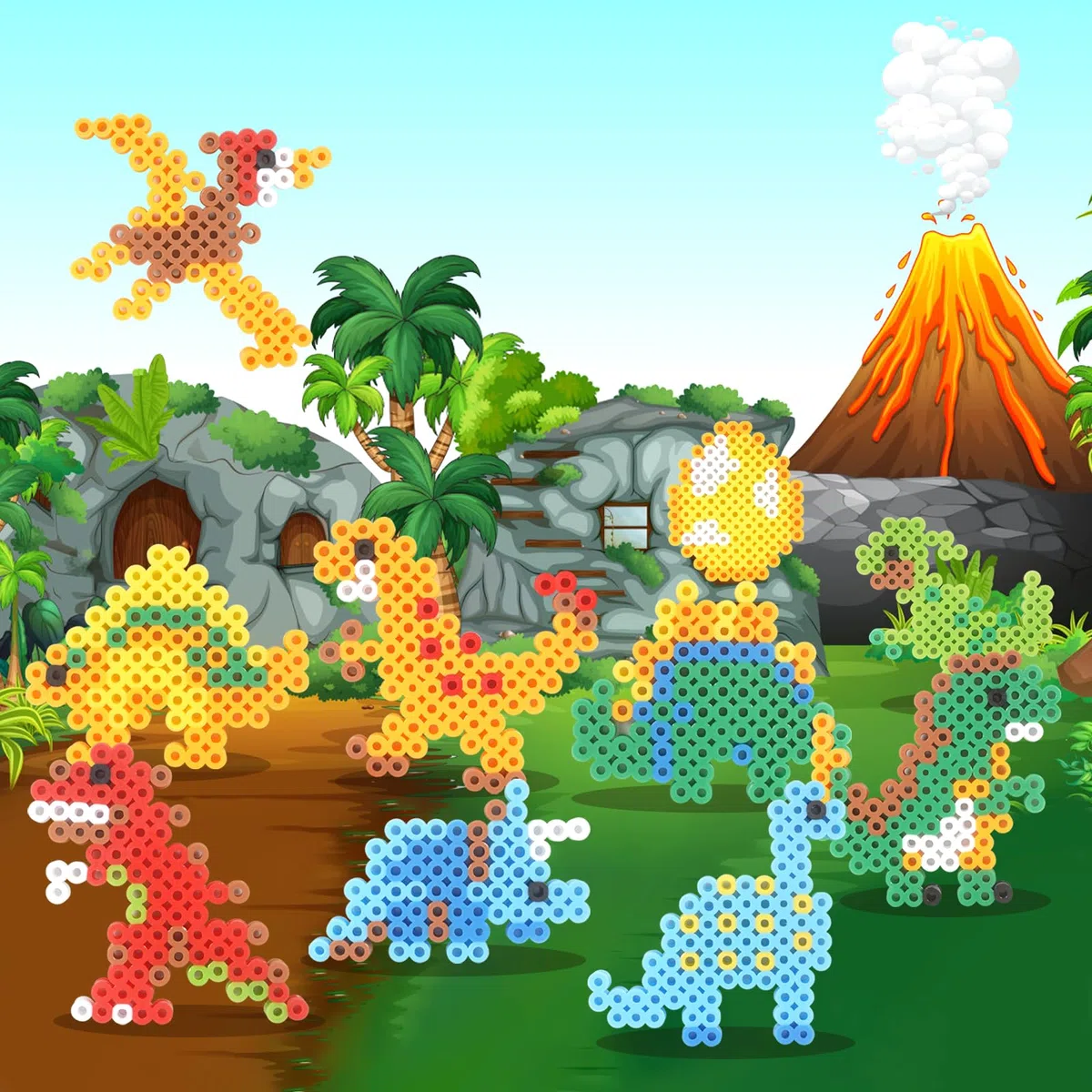 Homgaty Perline da Stirare 10 mm, Oltre 1000PZ con Piastre e Accessori, Grandi Perle per Bambini, Set Creativo Fai da te con Tanti Modelli, Ideale dai 3 Anni in Su (Dinosauri)