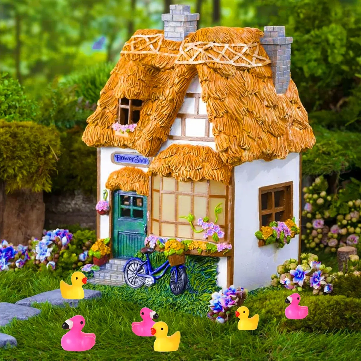 Piccole Anatre Fenicottero, 50pz Fenicottero Mini in Resina + 50pz Anatra Resina Figure in Miniatura Anatra Fenicottero Gialle Mini Decorazioni per Paesaggio Feste Casa delle Bambole