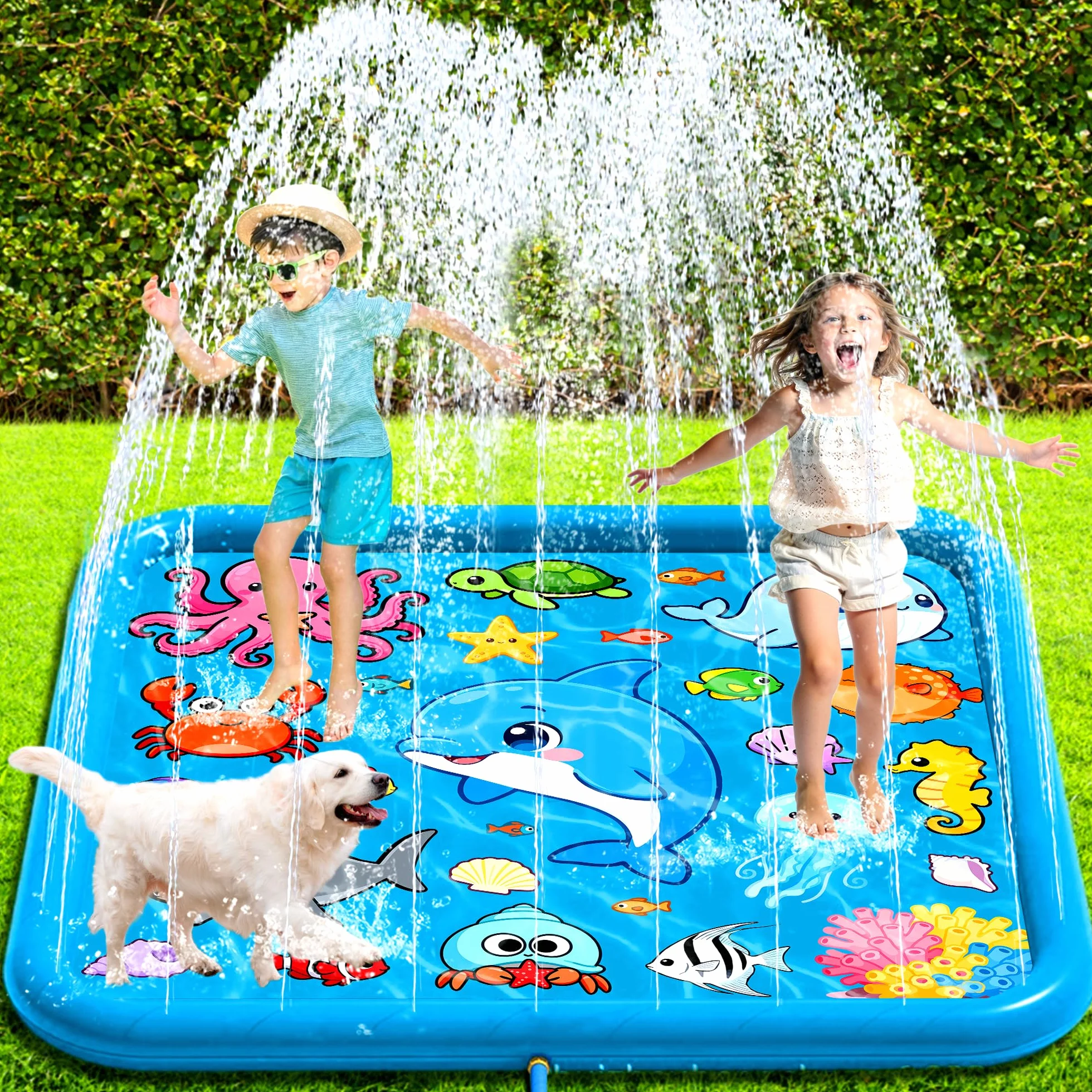 Tappetino Gioco d'Acqua Bambini, 67"/170cm Quadrato Sprinkler Splash Pad, Spruzza la Piscina Giochi d'acqua, Gioco Estivo per Giardino All'aperto, Gioco Acquatico per Bambini Adulti, Animali Domestici