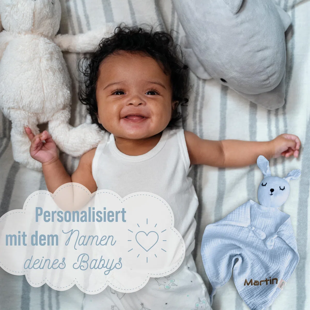 Doudou per bambino con nome ricamato, certificato Oeko-TEX Standard 100, doudou personalizzato in morbida mussola (blu chiaro)