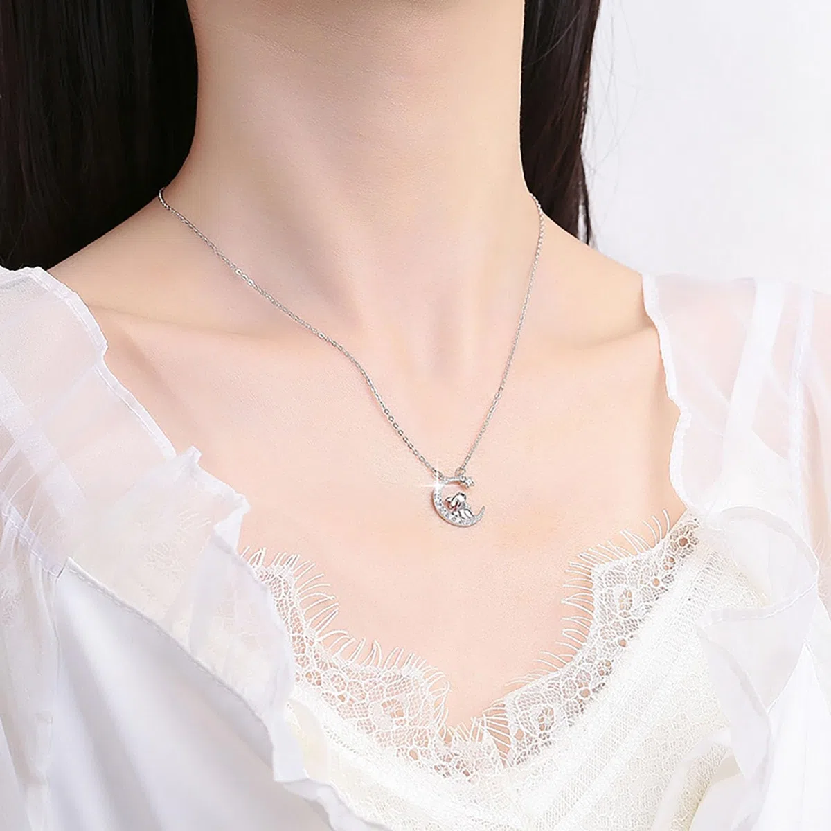 Collana Luna Stella Coniglio Argento 925 per Donna Bambina Ragazza Ciondolo Luna Stelle Coniglio Zirconi Collana da Donna Argento Cristalli Brillantini Animale Catena Gioielli
