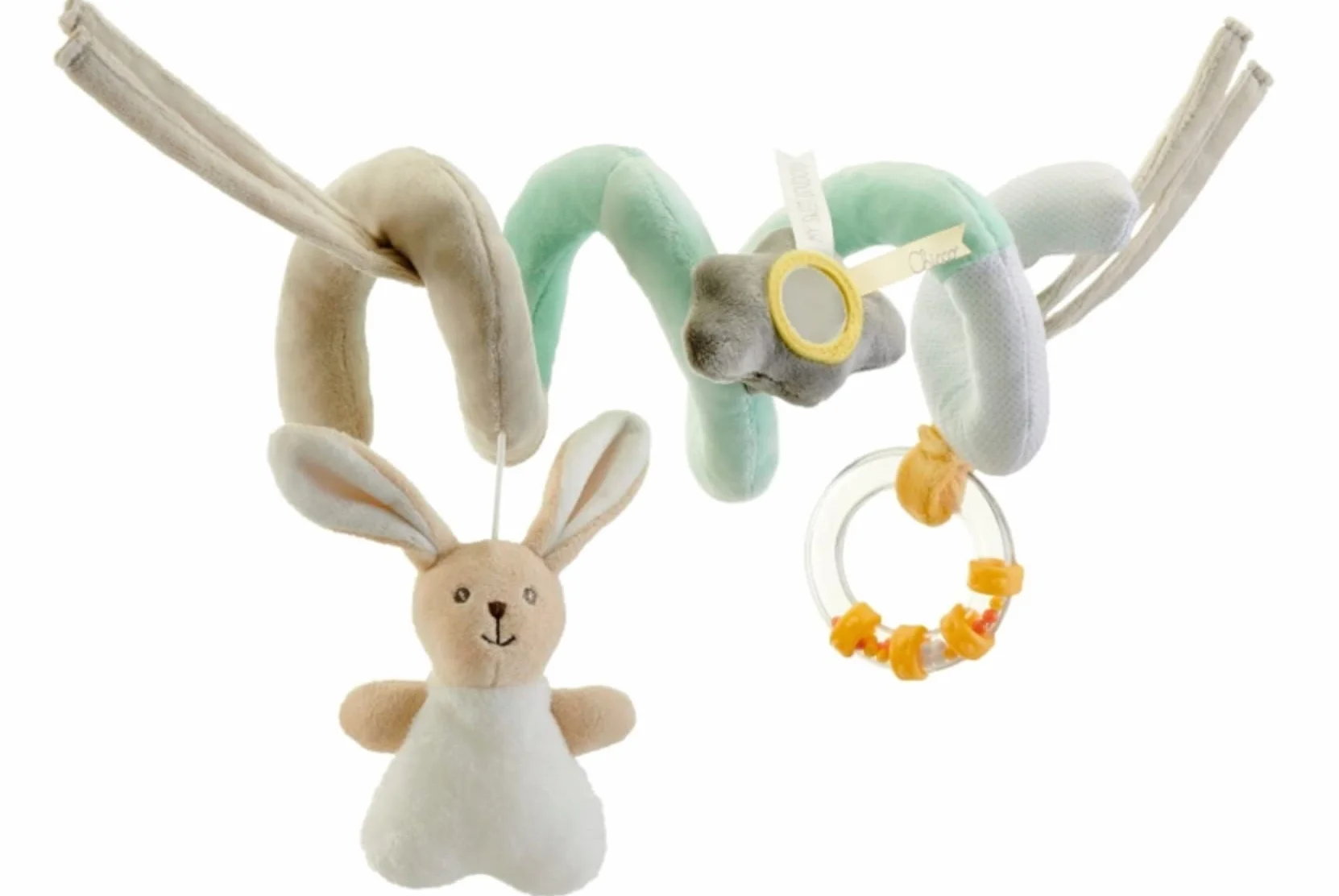 Chicco - Gioco Fune Passeggio My Sweet Doudou, in Morbido Tessuto Velour e Tessuti Diversi, con 3 attività di Gioco, Agganciabile Facilmente a Passeggino e Carrozzina, Beige, età 0 Mesi+