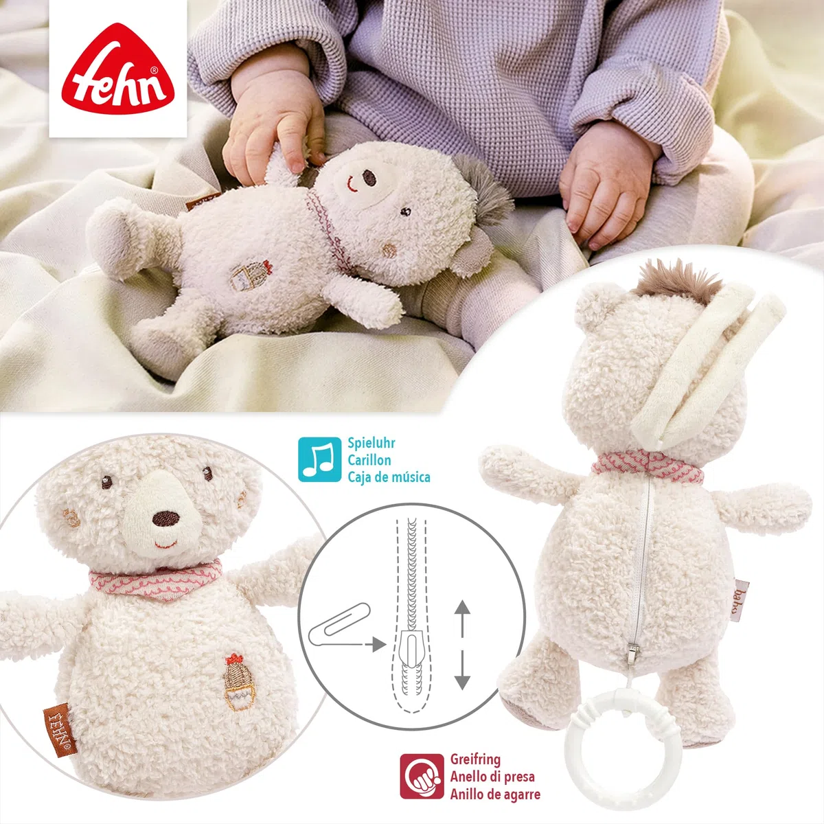 Fehn carillon orso - peluche e aiuto per addormentarsi: Carillon a carica con dolce melodia ninna nanna di Mozart calma in ogni situazione - per neonati e bambini da 0 mesi