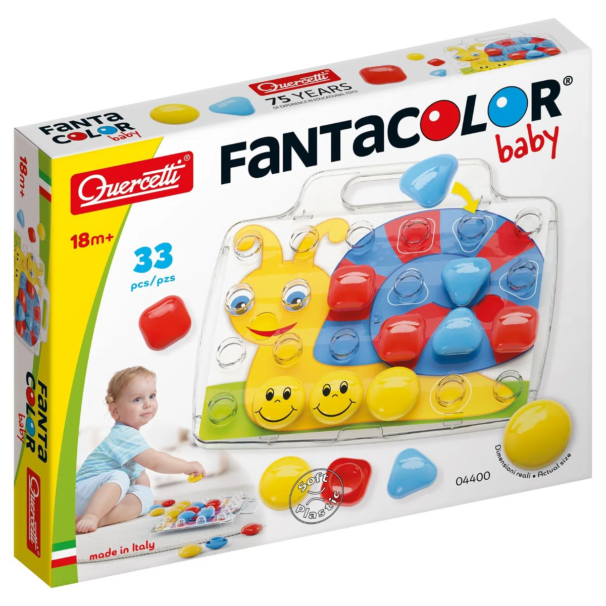 Quercetti FantaColor Baby Gioco Educativo per Bambini 1-4 anni con Bottoni Colorati, Schede Mosaico Bambini e Tavoletta Trasparente, Giochi bambini 2 Anni, Regalo Bimba 1 Anno, Giochi Creativi 2 Anni