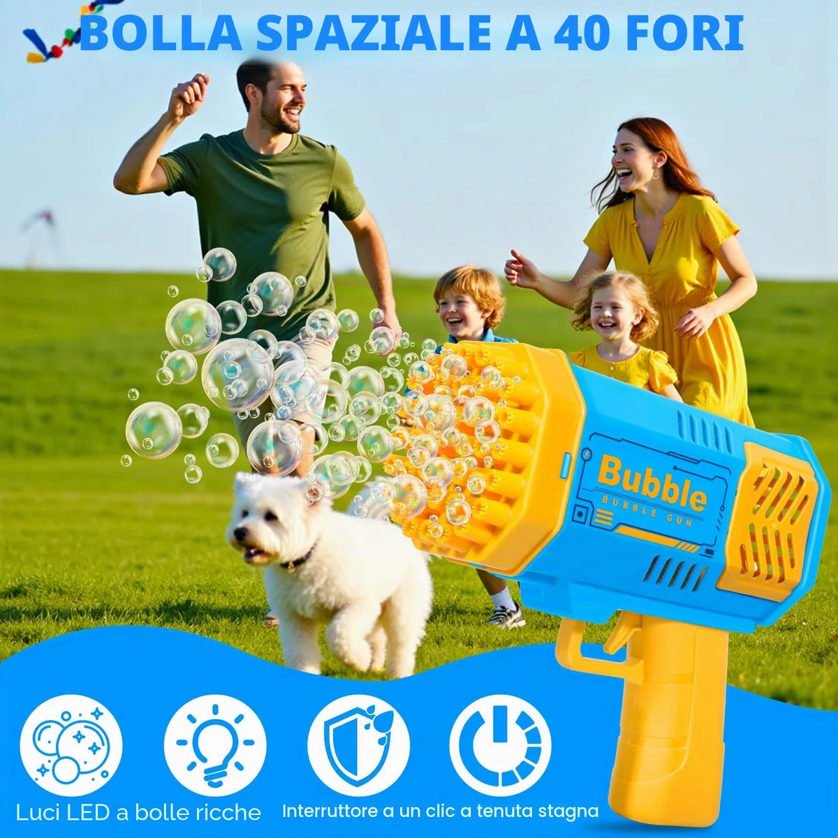 Pistola a Bolle per Bambini, Macchina per Bolle Elettrica Automatica per Bambini con 2 Pezzi Soluzione Bolla, 10000 + Bolle/Min, Luce LED, Estate per Festa, Spiaggia, Compleanno, Matrimoni