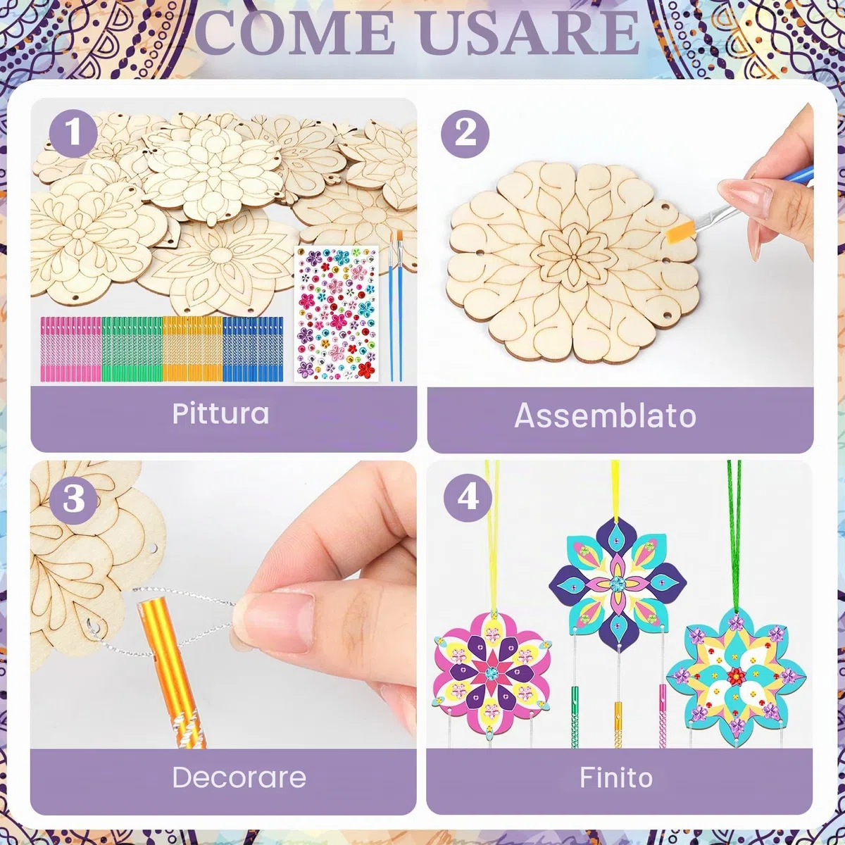 SRIZIAN 10 Kit per Attività creative con il Legno per bambini, Campanelli a Vento per Bambini, Lavoretti Creativi Giocattoli per Decorazione Artigianale Fai Da Te- Mandala