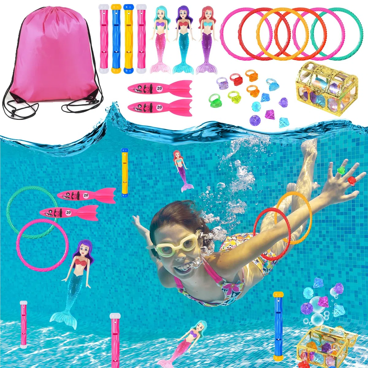 30 Pezzi Giochi d'Acqua per Bambini, Sirene Giochi per Piscina Set, Regalo per Bambini 5-9 Anni - Ideale per Piscina, Spiaggia e Allenamento Nuoto